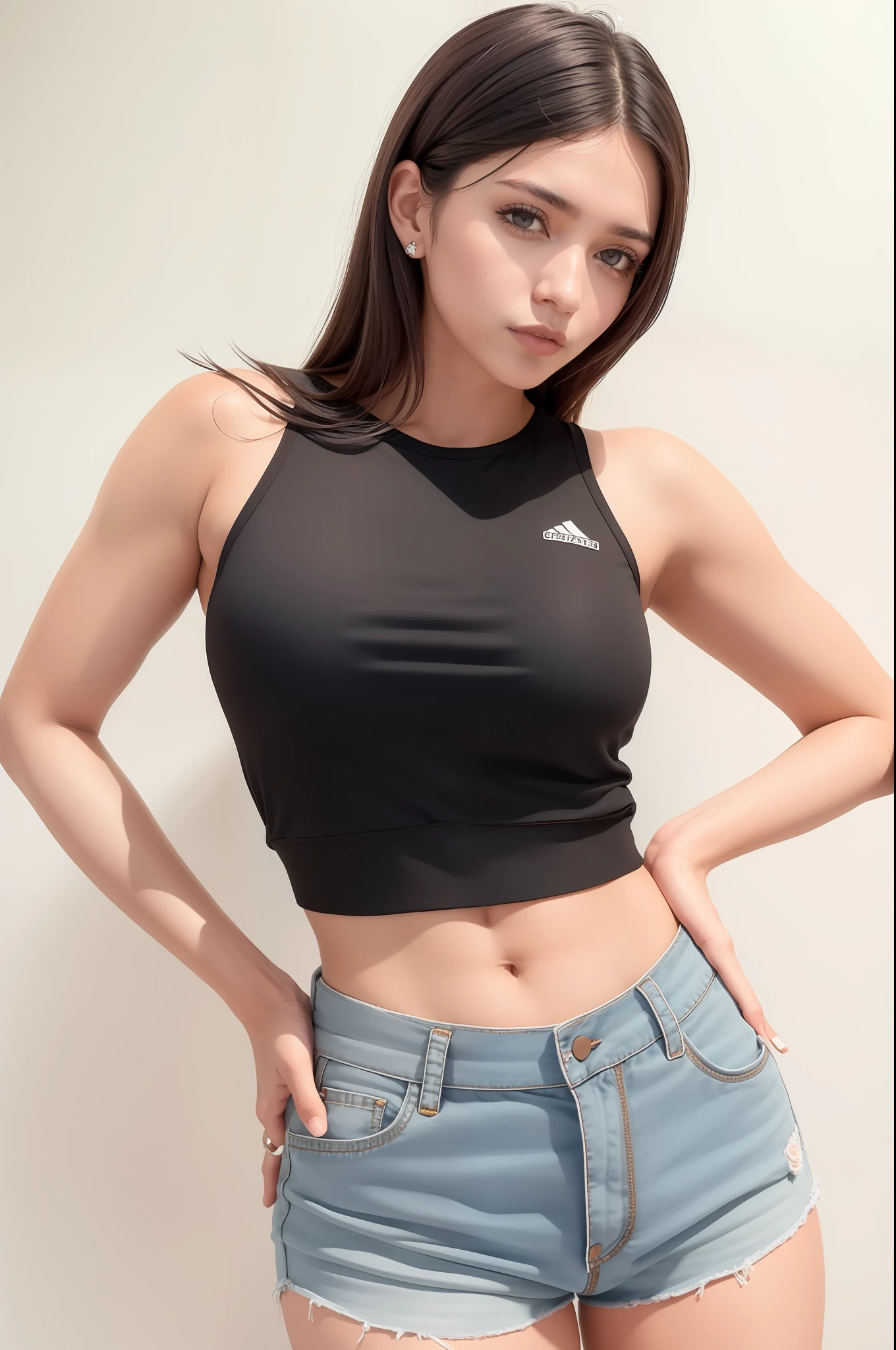 linda mulher arrogante em um top preto e shorts cinza posando para uma foto, topo de cabresto preto, usando uma regata cropped preta, usando uma regata preta cropped, regata preta apertada e shorts, she is wearing a black tank top, tanque preto apertado, Tampo tanque preto, peito achatado, Tampo do tanque apertado, Titular Top, Titular Top