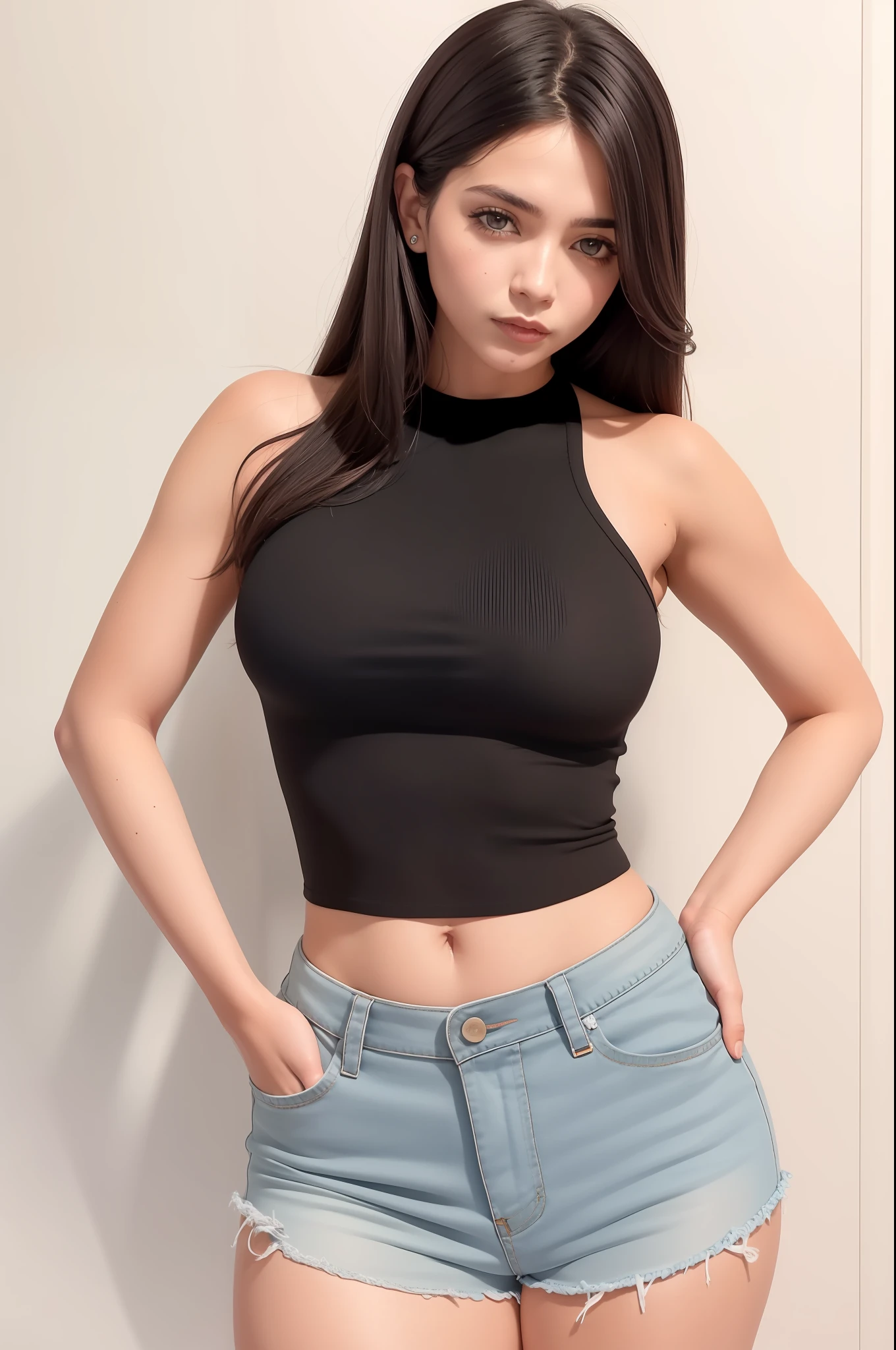 linda mulher arrogante em um top preto e shorts cinza posando para uma foto, topo de cabresto preto, usando uma regata cropped preta, usando uma regata preta cropped, regata preta apertada e shorts, she is wearing a black tank top, tanque preto apertado, Tampo tanque preto, peito achatado, Tampo do tanque apertado, Titular Top, Titular Top