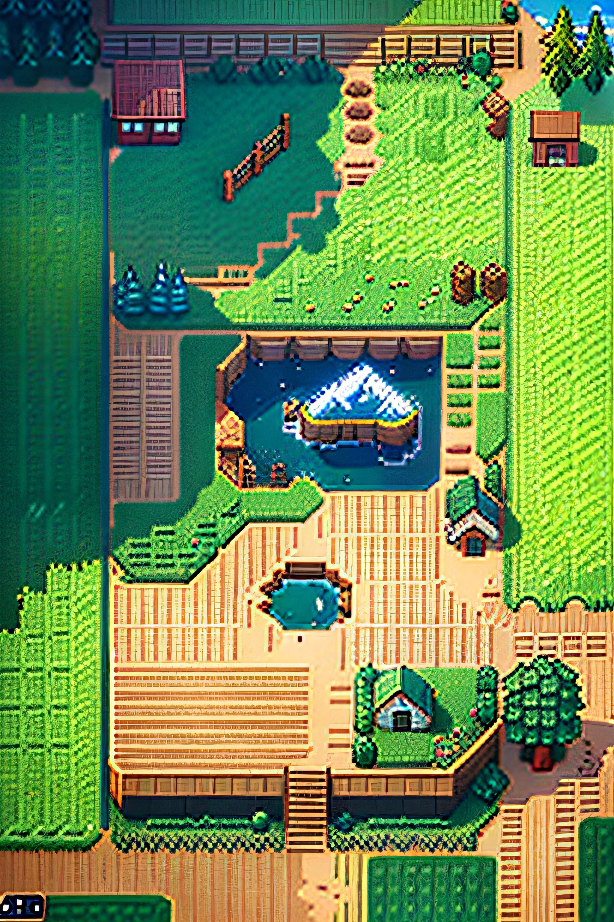 Stardew Valley style,pixilated,2D,bird's eyes view,Large grid-like farmland of various crops,water well,offcial art,Unified 8k wallpaper,ultra - detailed,Beauty and aesthetics,tmasterpiece
