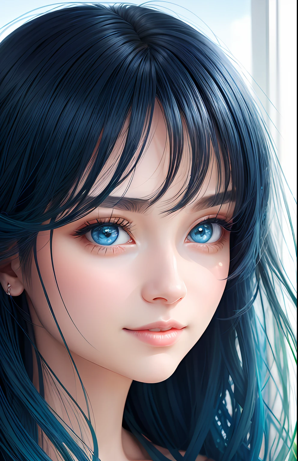 animesque、portraitures、One Person30Year old woman、Moisturized eyes、Glassy eyes、Casual clothing、a picture、oval jaw、beautiful countenance、The hair、Blue eyes with a beautiful glow、LDS Art