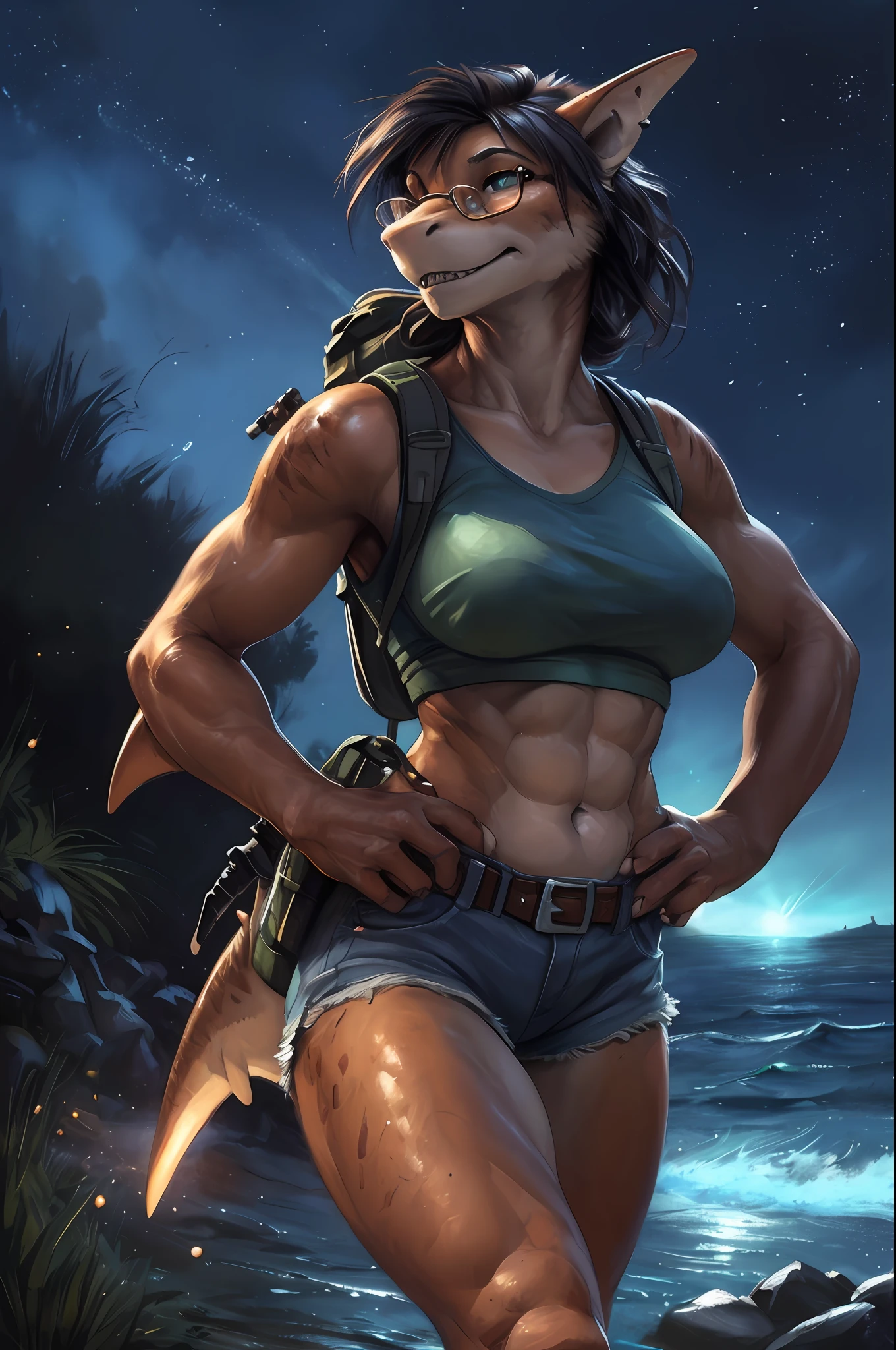 solo, (beautiful female:1.4), (nice shark girl),  ( fit, abs), busty, big erect breasts, slim waist, (black hair),  ( female shark | Lara Croft ), (((female))),  orange body scales, white belly,  (kemono:1.4)
( khaki shorts ), lightblue crop top, ( pistols gans on hips | in hands ), wide belt, thick and long braid, (red round glasses:1.2), ( small backpack on her back:1.2),  e621, (female body), seductive body, sexy, 
 shark  tail, cameltoe,  (body portrait), slim swimsuit, 
, (detailed eyes, green eyes, glowing eyes),
(outdoors),   ocean beach , candle, night, (particles ,firefly, blue glowing), torch, seeker of adventures
detailed background, photorealistic, realistic hands, 8k HD,
(dark shadows, wide dynamic range, hdr, low light:1.2),
by (by Pino Daeni, (by ruaidri), (by virtyalfobo), (by Kenket). by iskra, by darkgem,