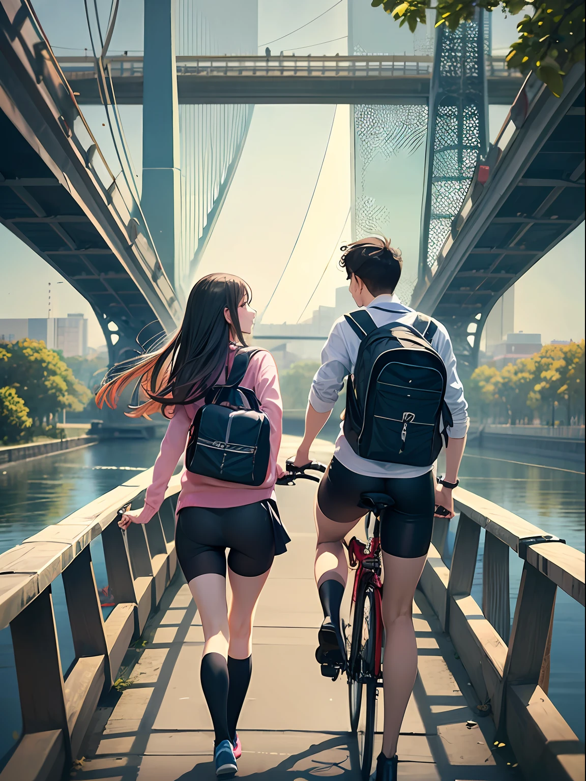 a female and a male, they are two students,Ride a bicycle over the bridge with beautiful views