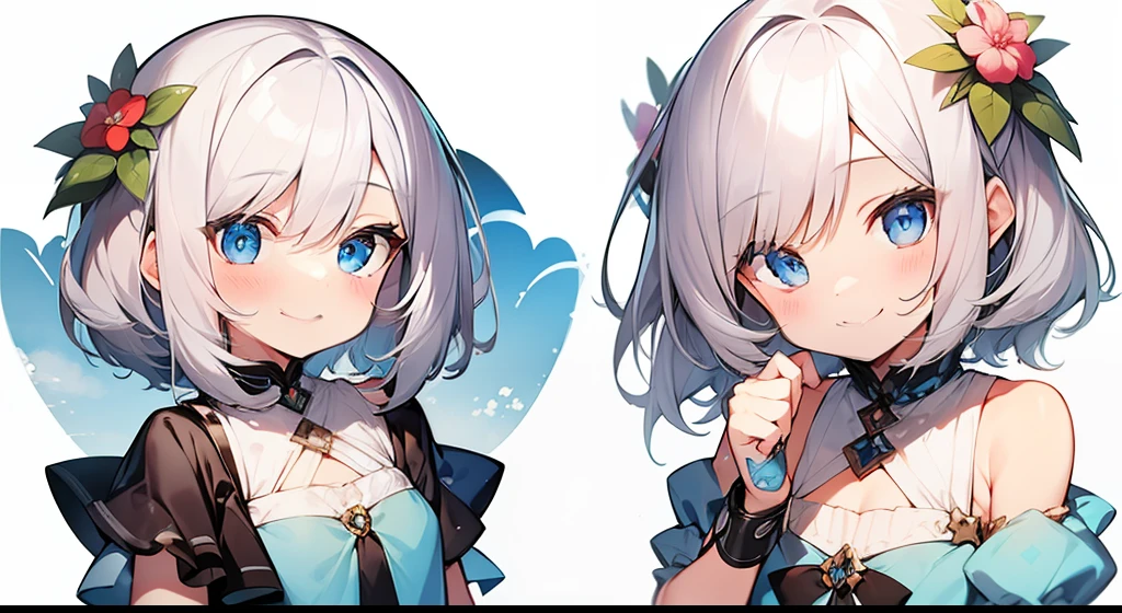 Chibi、Mini、cute little、white hair、long、blue eyess、Smile、Laugh、A smile、masterpiece、top-quality、Top image quality