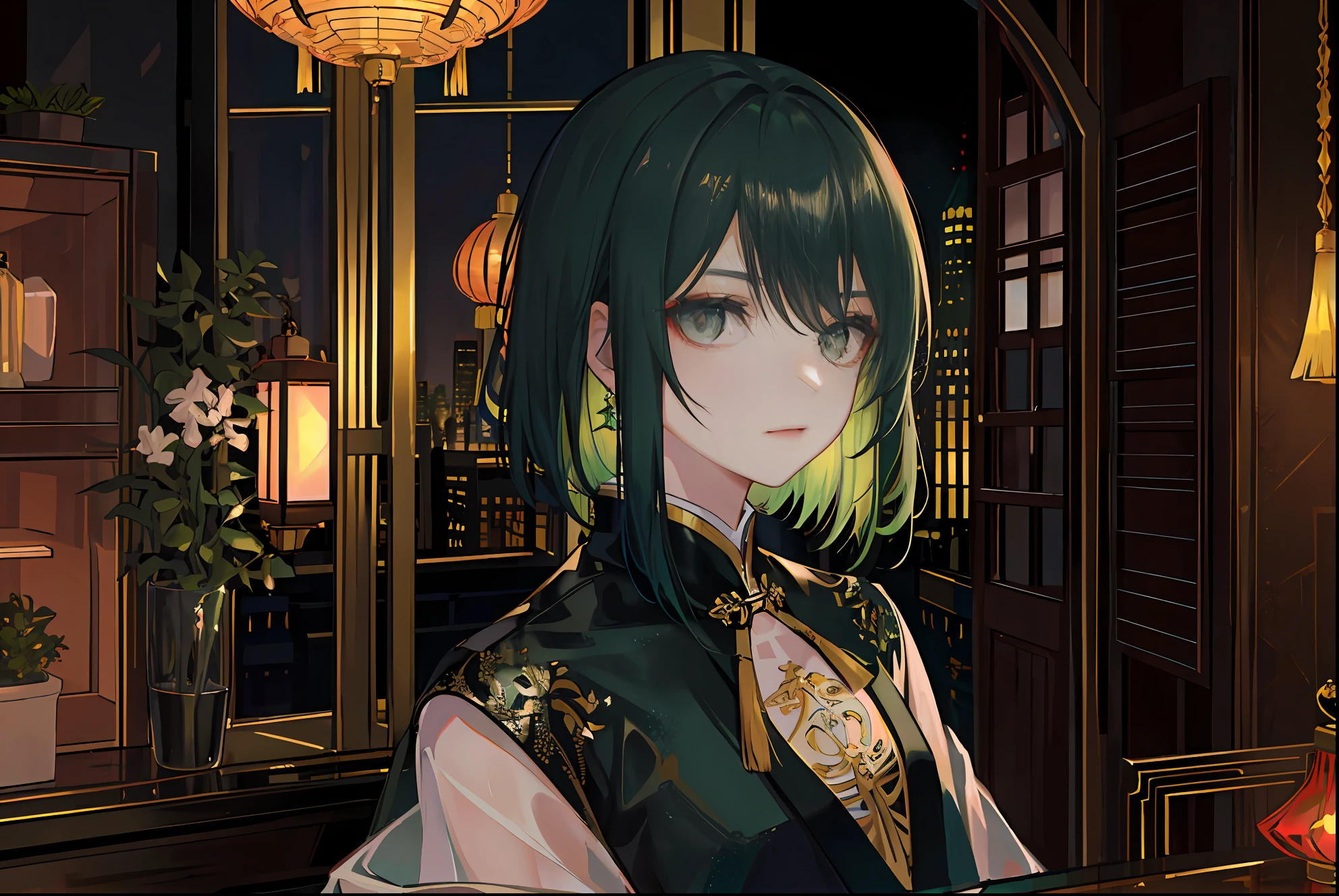 (Masterpiece, side-lighting, Ultra-detailed, fine detailed beautiful eyes: 1.2), 1girll,nightcity,Sateen,Dark green hair,short detailed hair,Black eyes,Chinese outfit,eye glass,Indifferent expression,