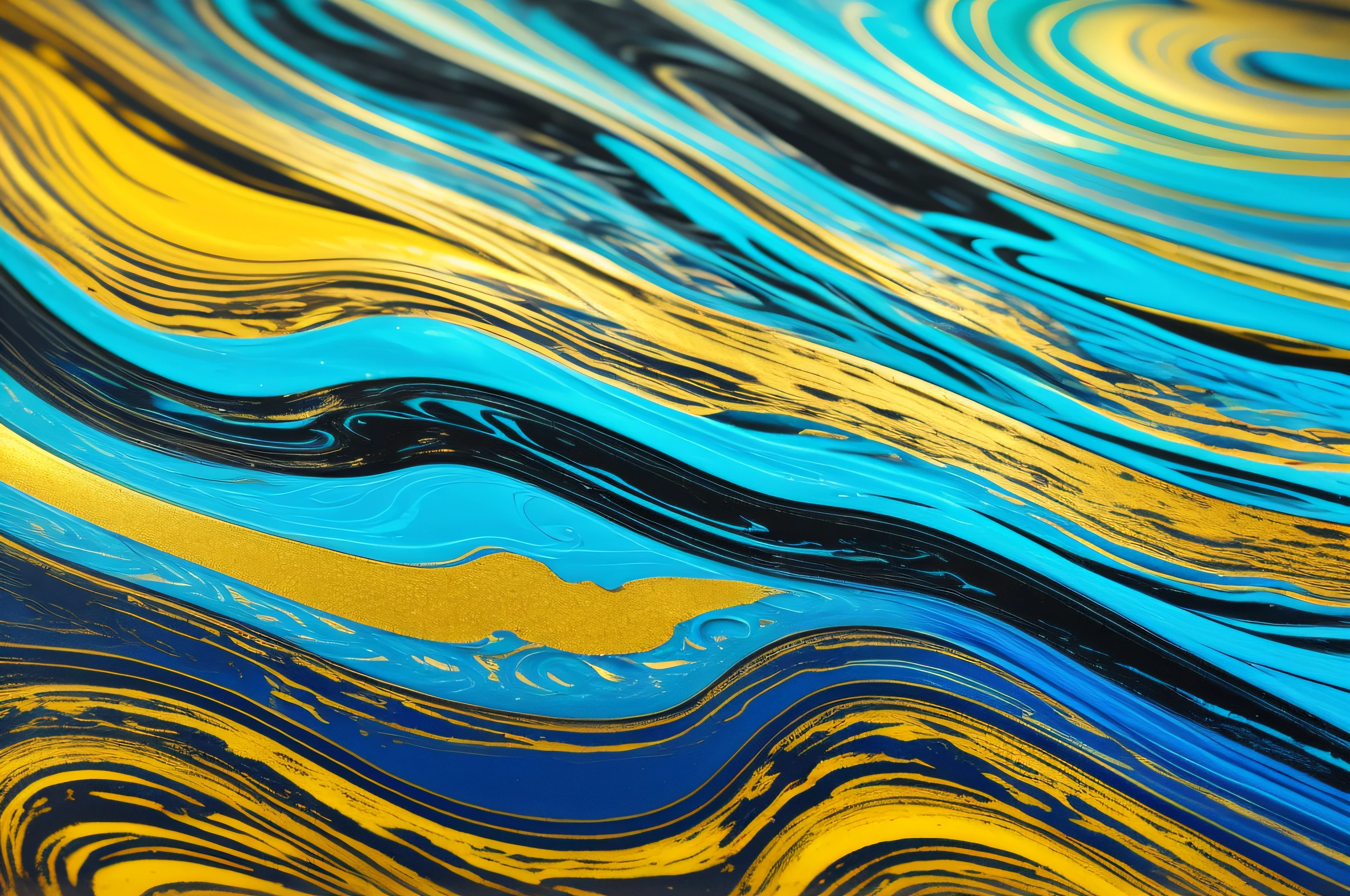 Close-up of blue and gold wave painting, abstract liquid acrylic art, intricate flowing paint, Glossy painting, abstract liquid, Organic acrylic flow art, swirly liquid fluid abstract art, acrylic pouring, swirling liquids, swirling paint, fluid acrylic pour art, Glossy surface, black cyan gold and aqua colors,marble material,marbled,Texture,the detail,8K,k hd