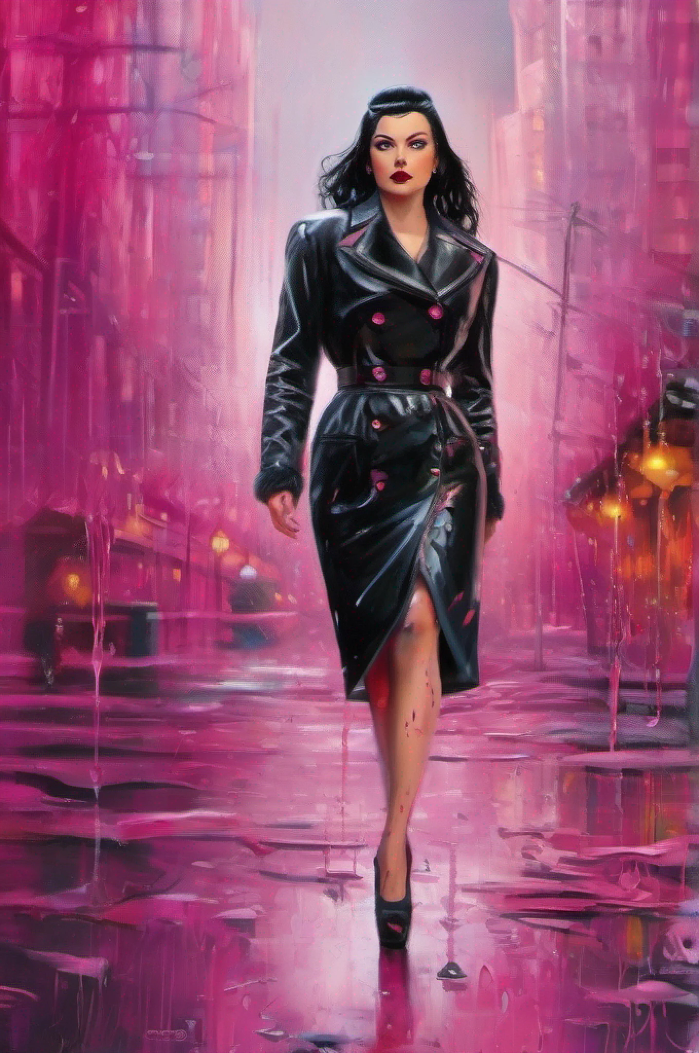 (Single, caucasian, The woman, 101, black hair, dark eyes, Heavier build, looks like Jesse J, In a black pencil skirt from the 1940s,Wearing dark makeup,Dancing in the rain, Wearing Betty's bangs, in a bright pink short fluffy coat, In a black long top),((black, Pink), ((dripping paint, dripping ink, 8K,Highly detailed)), ((The Only Light, Shining Down)),((Chaotic art style, The art of spraying paint, DARK SETTING))