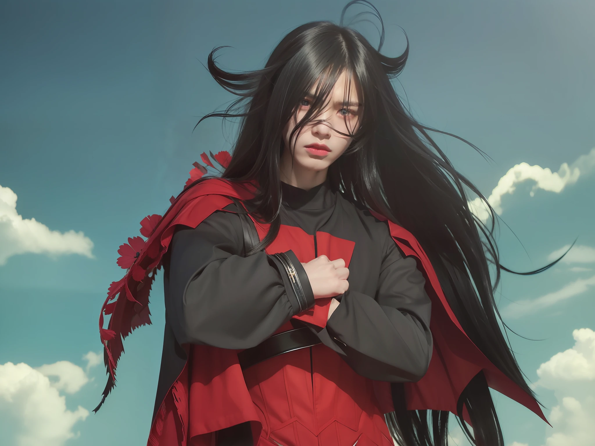 1boy,long spike hair,black hair,hair over one eye,no emotion, serious,black clothes,long sleeve,red armor,cross arm,black glove,cracked face,looking at viewer,side body,men face,male focus, realistic, more details, 70 mm lens