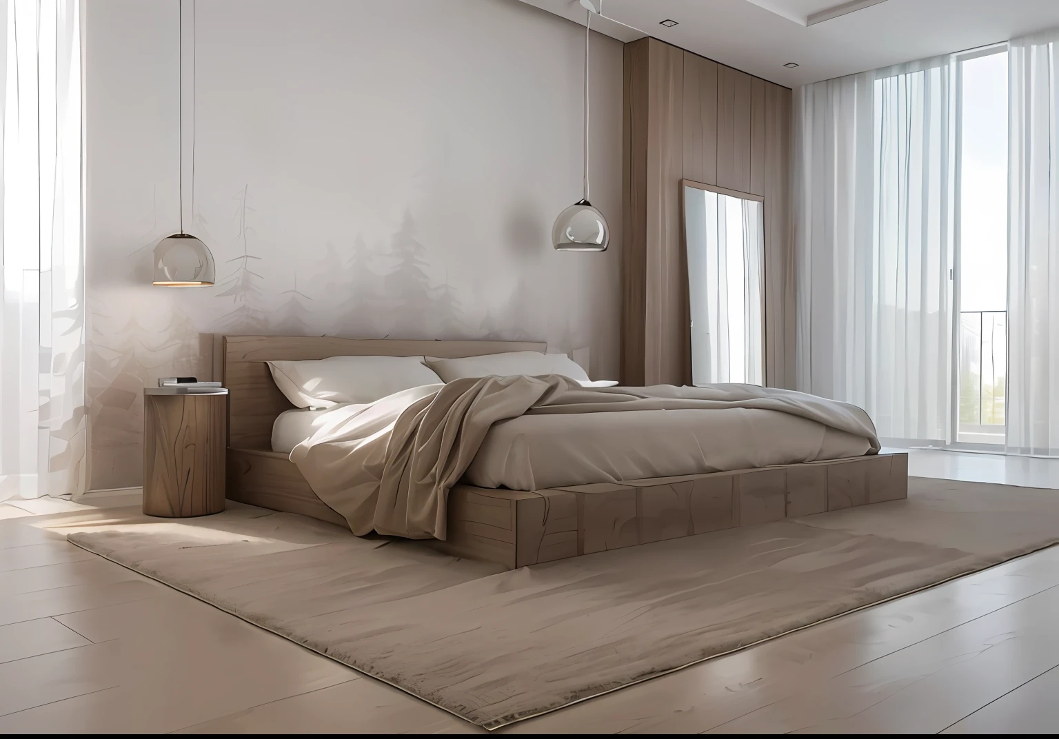 RAW photo, 8k uhd, dslr, soft lighting, high quality, film grain, Fujifilm XT3, interior, indoors, minimalism bedroom, ((highly detailed materials surface)), modern furniture, focus on architecture, bedroom, mirror, glass door, carpet, wallpaper, pendant, side table, city background, light wood, flat ceiling,wall decor paintings, soft light, direct softly morning light , interior lighting, tree outdoors, balcony, (minimalism style:1.5)