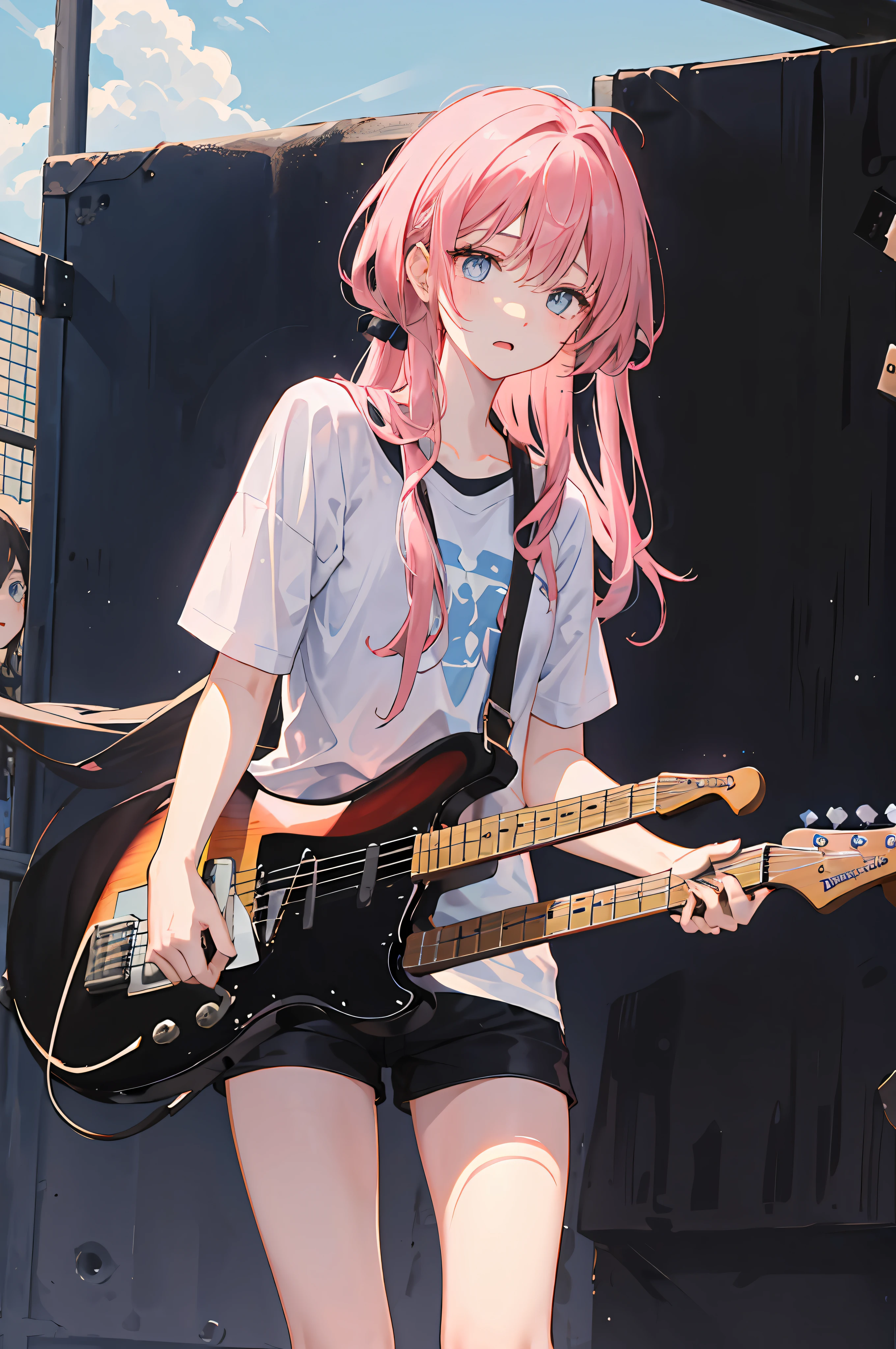 A female high school student，Pink Long Hair，Sky blue eyes，Wear black short sleeves and black shorts，Play guitar in hand，The expression was dumbfounded