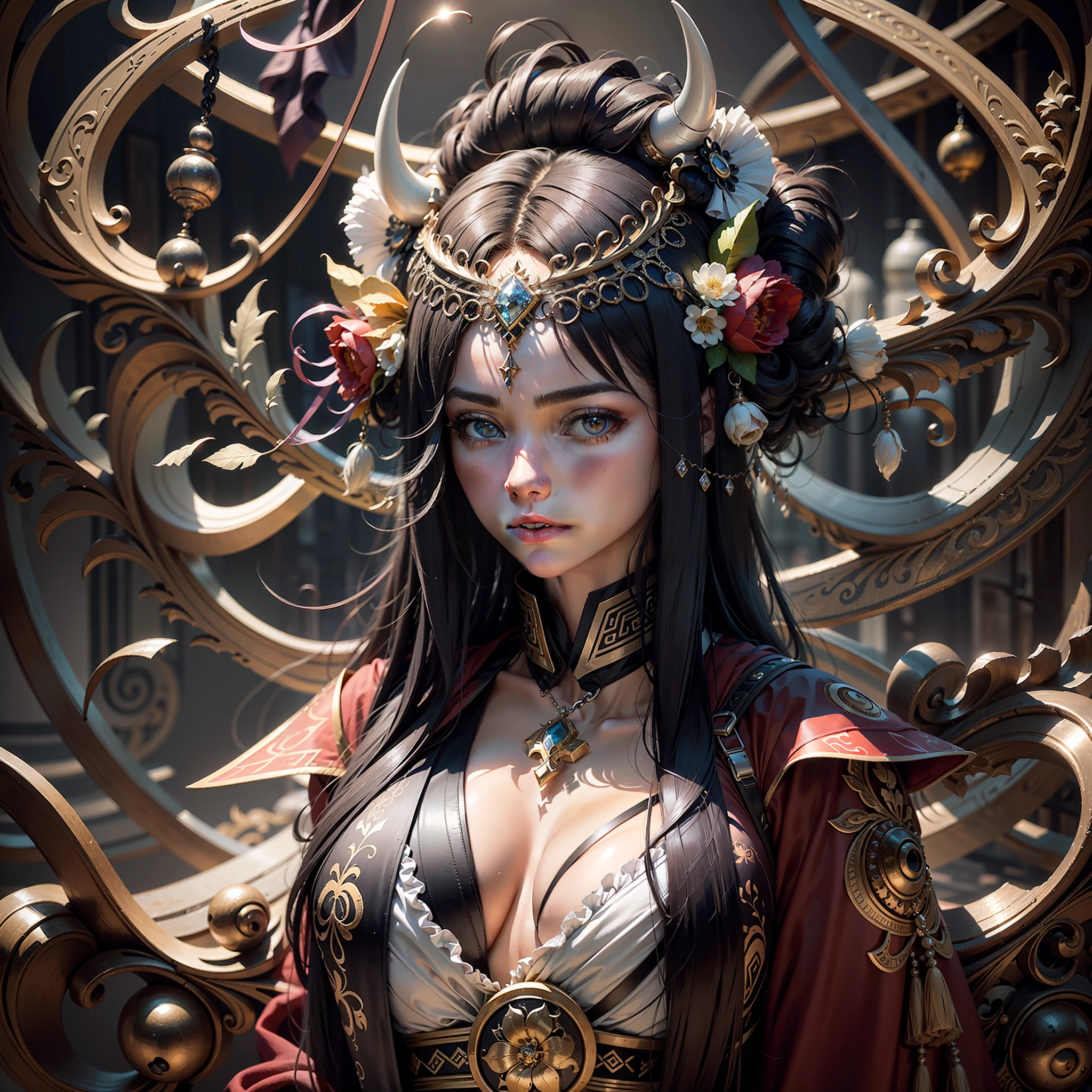 female high-school student，Extreme aesthetics，tmasterpiece，best qualtiy，（s fractal art：1.3），The is very detailed，dynamic angle，offcial art，unified， 8K， Wallpapers，ultra - detailed，cow boy shot，big breasts beautiful，disarray，ellegance，Hanfu