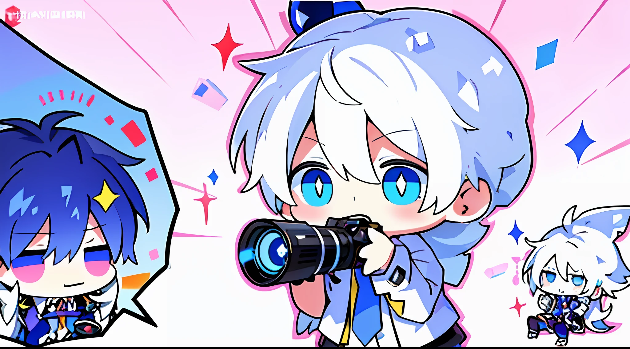 anime characters are taking pictures of a woman with a camera, zerochan, zerochan art, maplestory, pixiv contest winner, maplestory mouse, at pixiv, by Kanbun Master, ig studios anime style, style of maple story, pixiv, profile picture 1024px, anime style mixed with fujifilm, chibi art, pixiv style, 1boy, solo, ((male focus, white hair, necktie, spiked hair, long hair, blue eyes, collared shirt))