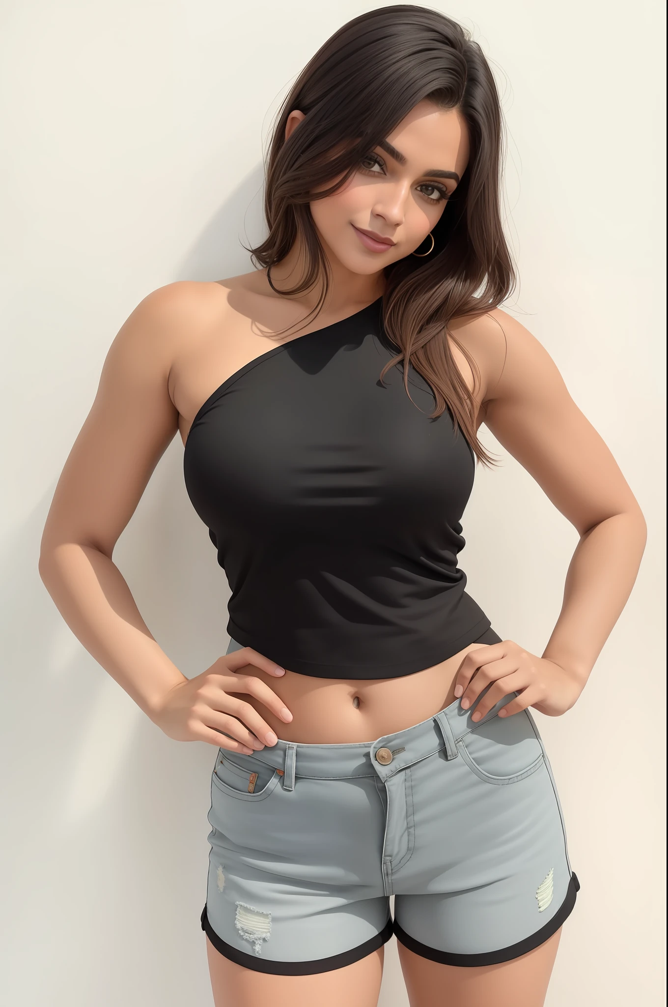 linda mulher arrogante em um top preto e shorts cinza posando para uma foto, topo de cabresto preto, usando uma regata cropped preta, usando uma regata preta cropped, regata preta apertada e shorts, she is wearing a black tank top, tanque preto apertado, Tampo tanque preto, peito achatado, Tampo do tanque apertado, Titular Top, Titular Top