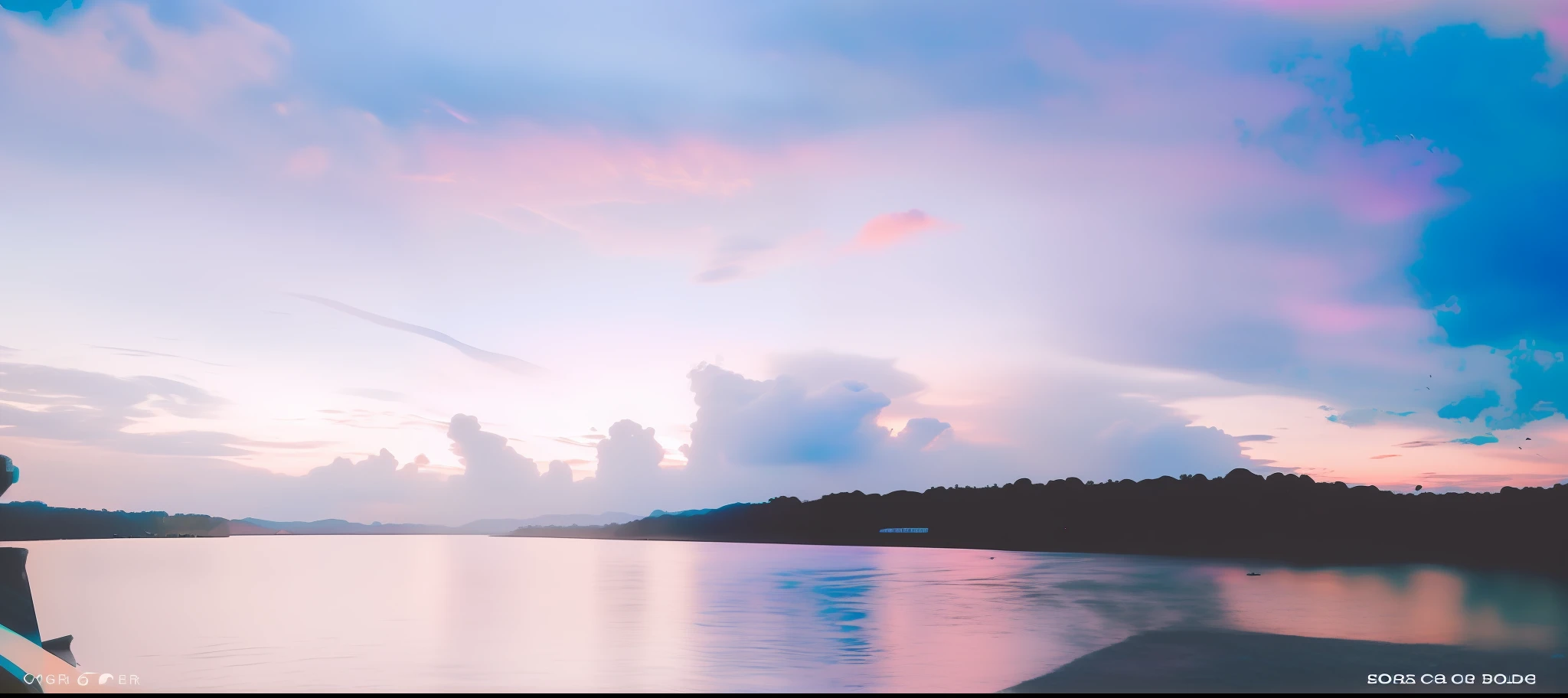 There was a man sitting on the dock looking at the water, pastel sunset, soft sky, vibrant sky, pastel overflow, pink sunset hue, soft lilac skies, day setting, ((Supersaturation)), Pearly sky, pastel colored sunrise, during sunrise, shades of pink and blue, dlsr photo, aesthetic clouds in the sky, beautiful morning