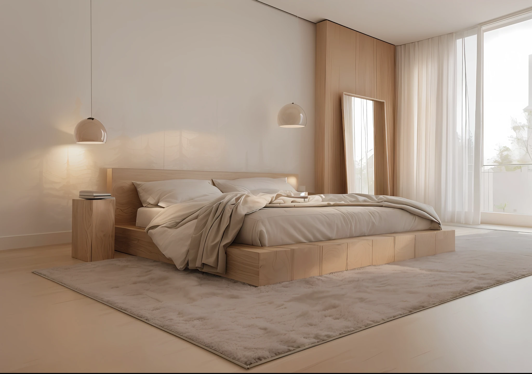 RAW photo, 8k uhd, dslr, soft lighting, high quality, film grain, Fujifilm XT3, interior, indoors, minimalism bedroom, ((highly detailed materials surface)), modern furniture, focus on architecture, bedroom, mirror, glass door, carpet, wallpaper, pendant, side table, city background, light wood, flat ceiling,wall decor paintings, soft light, direct softly morning light , interior lighting, tree outdoors, balcony, (minimalism style:1.5)