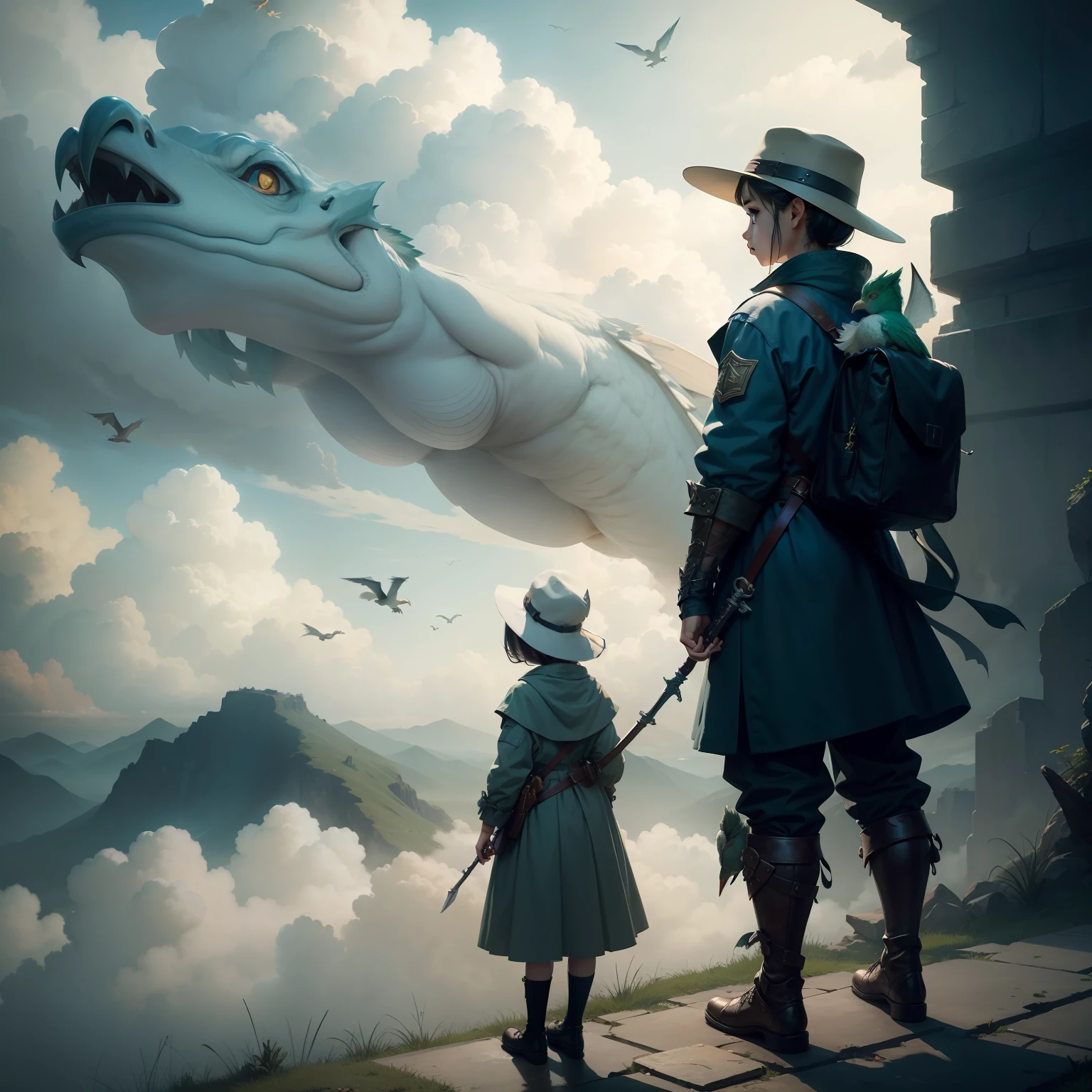 girl, letterboxed, holding, outdoors, bird, standing, cloud, 1boy, weapon, from behind, sky, cloudy sky, animal, holding weapon, eastern dragon, monster, 1other, hat, fog,