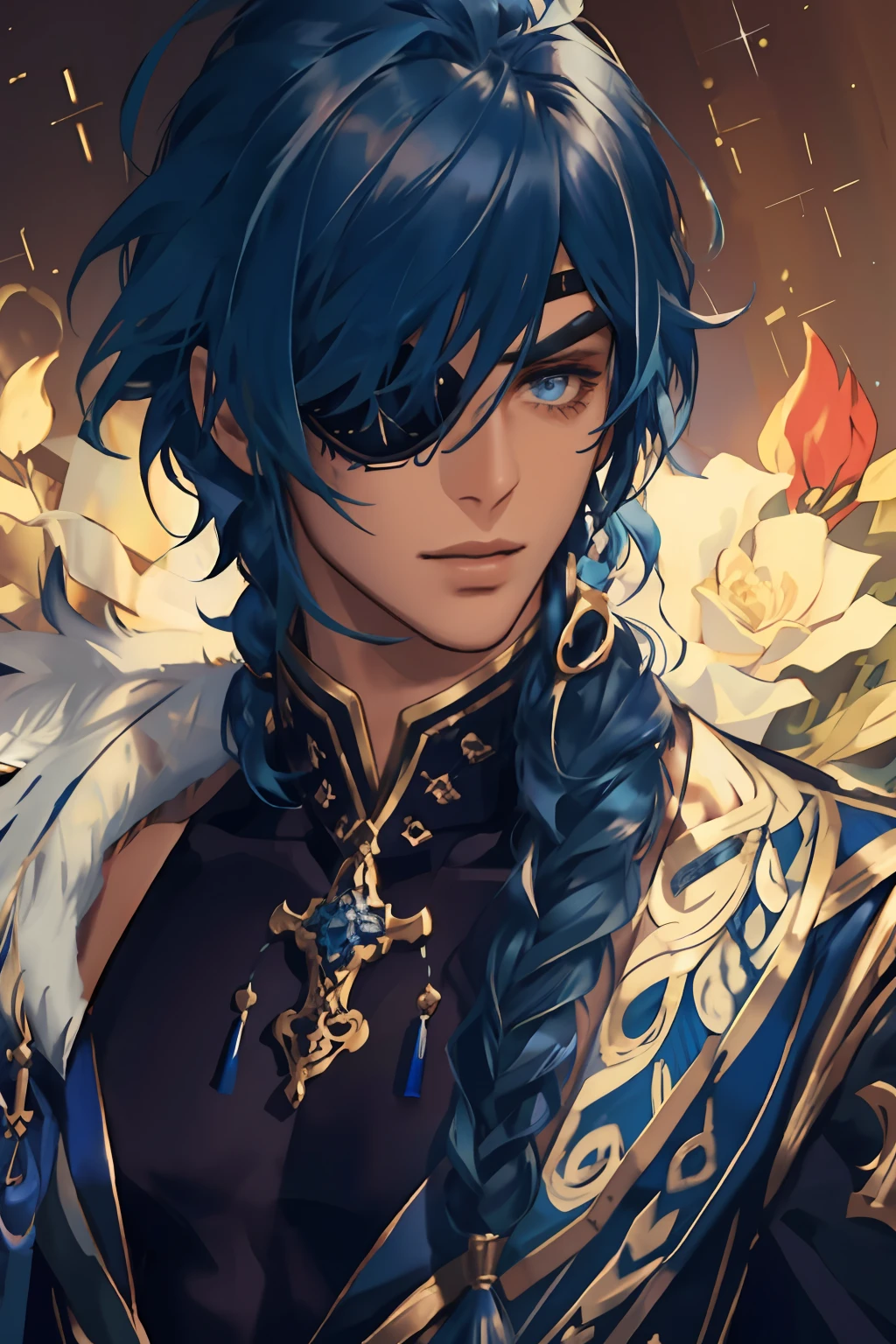 kaeya, 1male, solo man, handsome young man, blue hair, braid, eyepatch, black and blue clothes, peacock accessories, golden jewelry, upper body, cinematic lighting, stained glass lamps