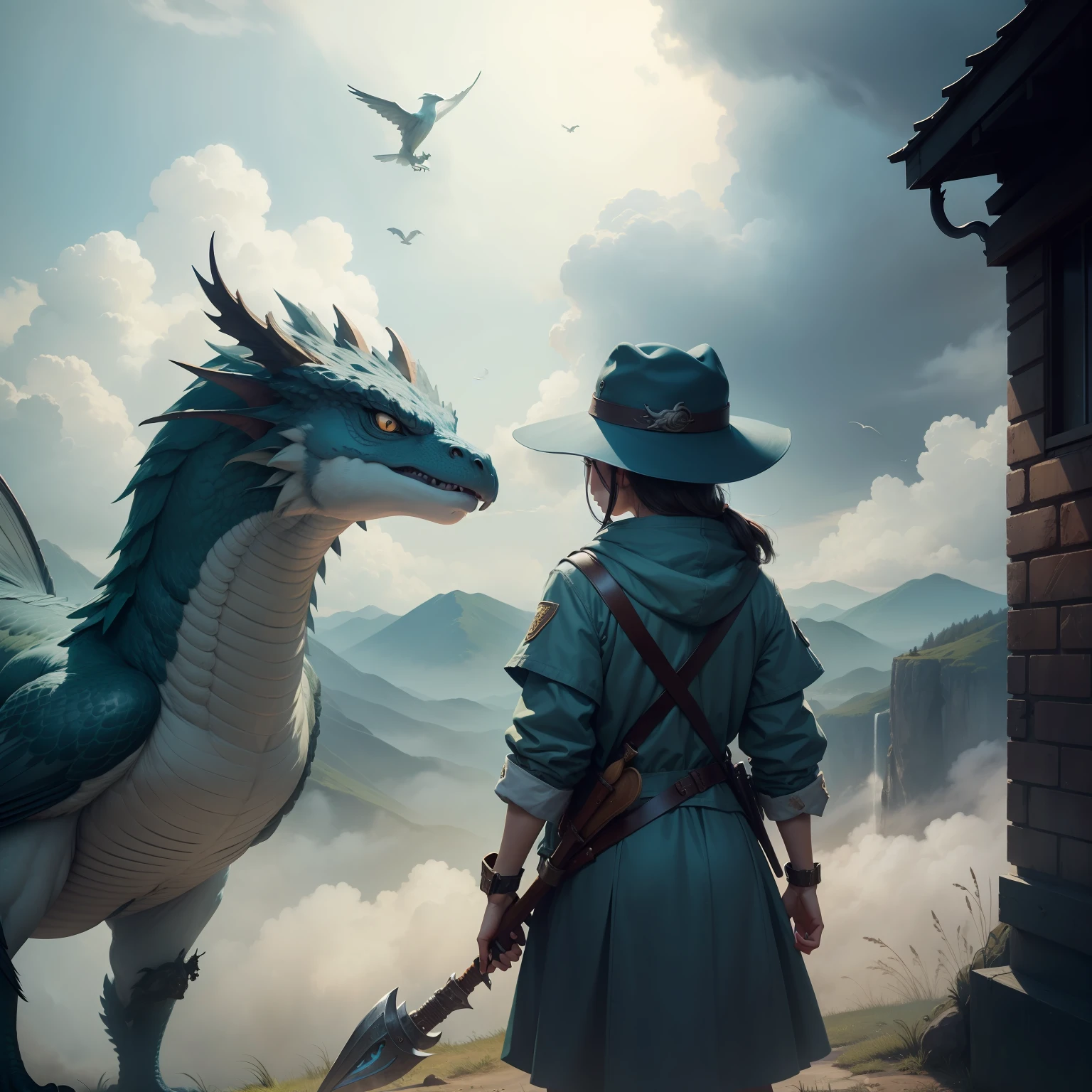 girl, letterboxed, holding, outdoors, bird, standing, cloud, 1boy, weapon, from behind, sky, cloudy sky, animal, holding weapon, eastern dragon, monster, 1other, hat, fog,