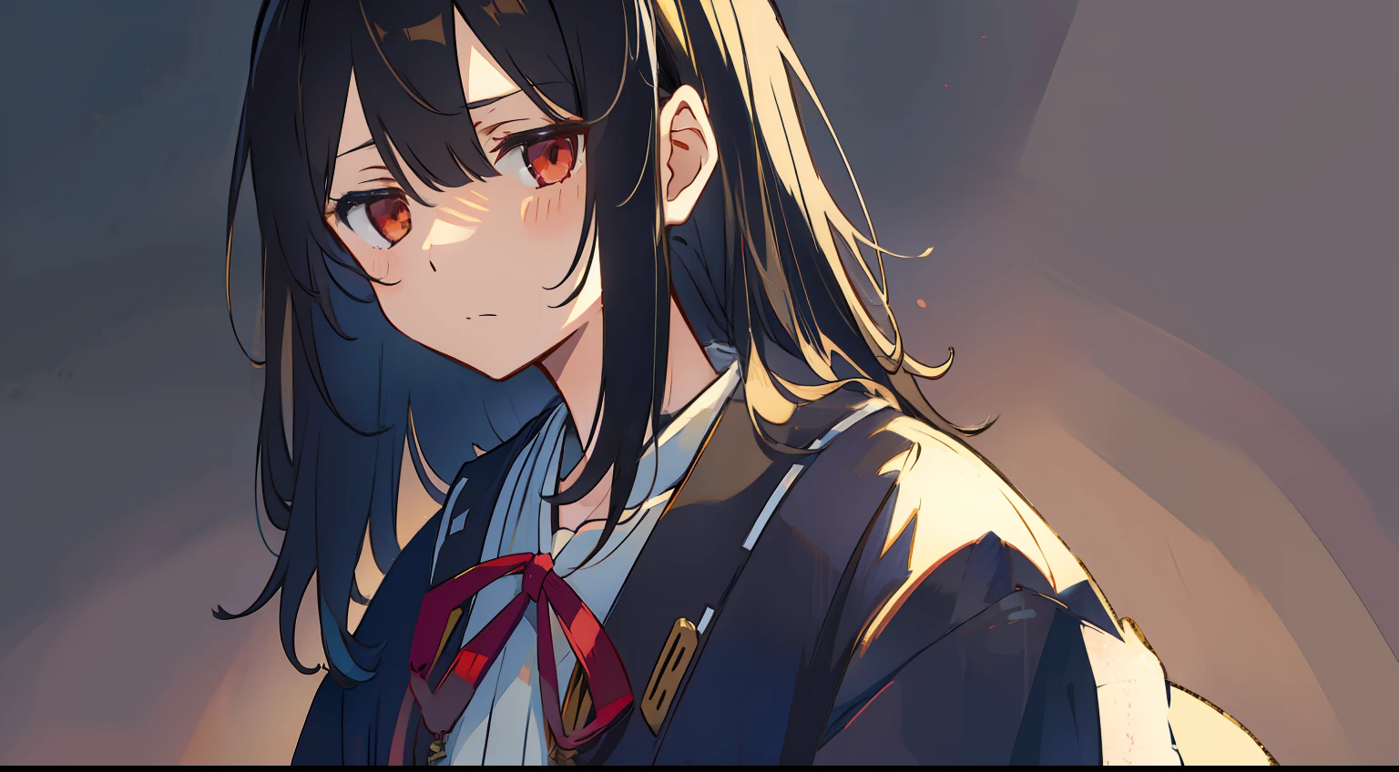 jitome、One Girl、Shoku、Straight face、​masterpiece、Top image quality、top-quality、A dark-haired、Medium hair、sigh、Lifeless eyes、dark backgrounds、校服