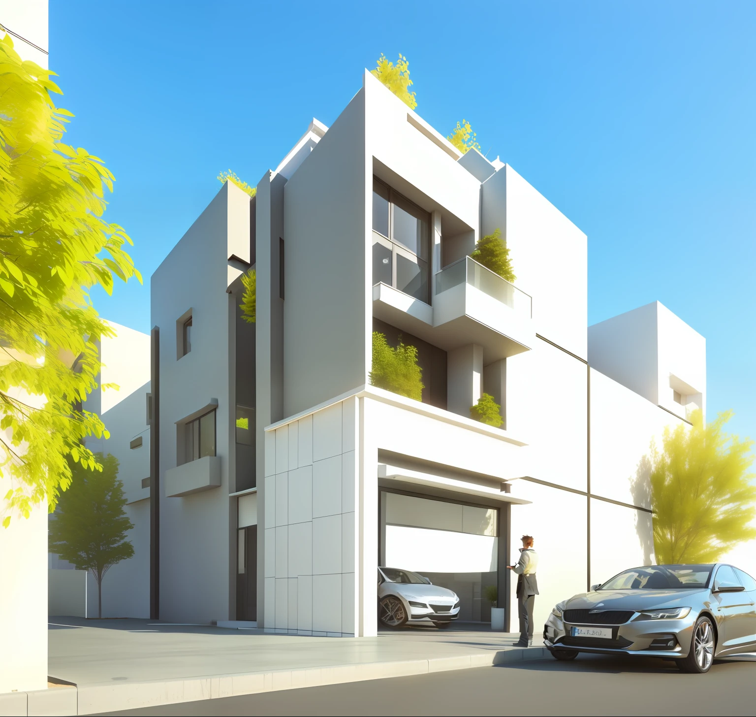 rendering of a modern house with a car parked in front, 3 d rendering, 3d rendering, 3 d vray render, render in vray, complex 3d render, complex 3 d render, lumion render, high quality rendering, precise architectural rendering, architectural 3 d render, architectural visualization, architectural rendering, architectural render, 3 d photorealistic render