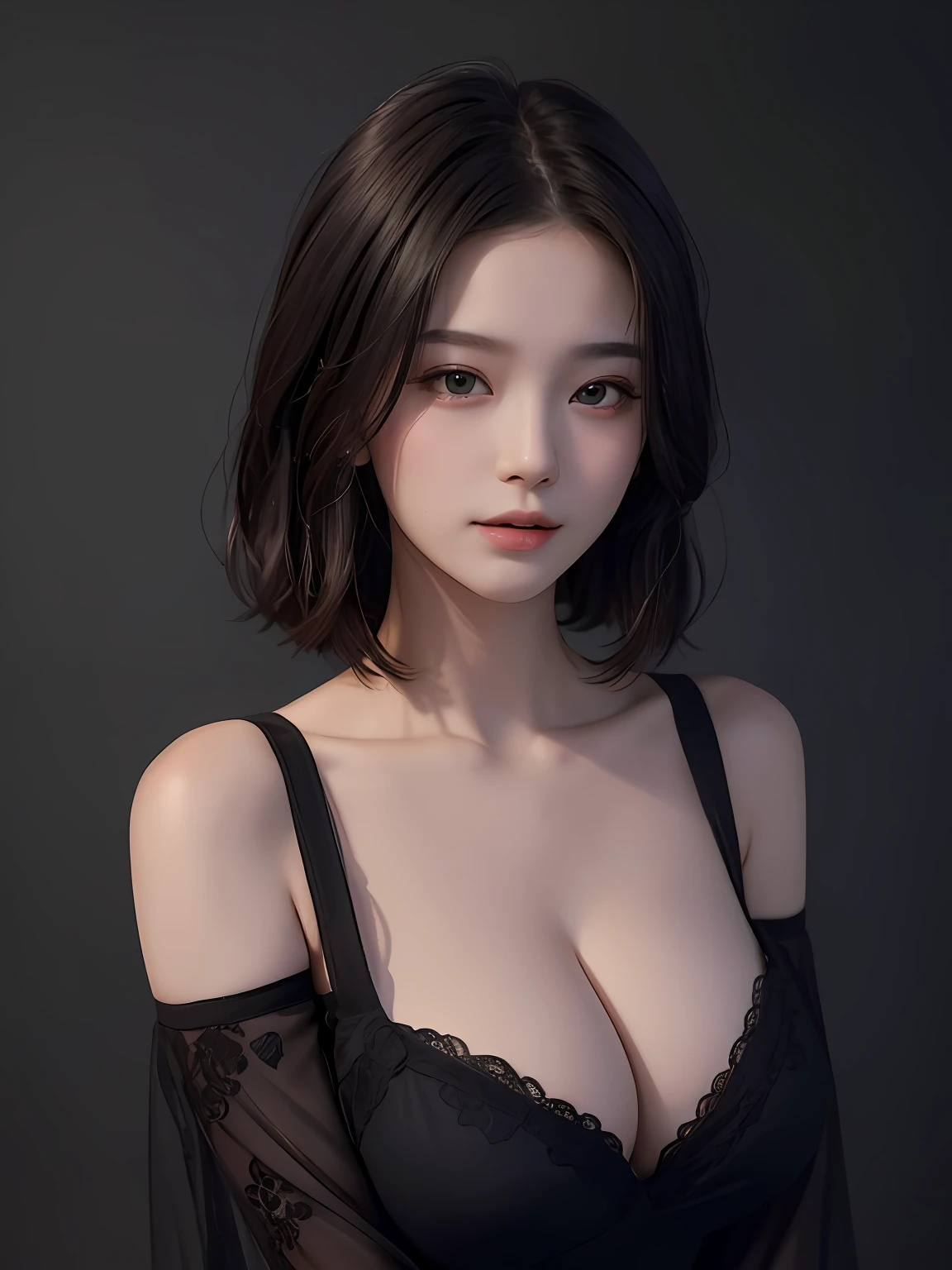 best qualtiy, tmasterpiece, 超高分辨率, (realisticlying:1.5), RAW photogr, 1girll, bshoulders, in the darkness nigth, deep shading, low tune, cold light, Sexy look, short detailed hair,Pretty big breasts