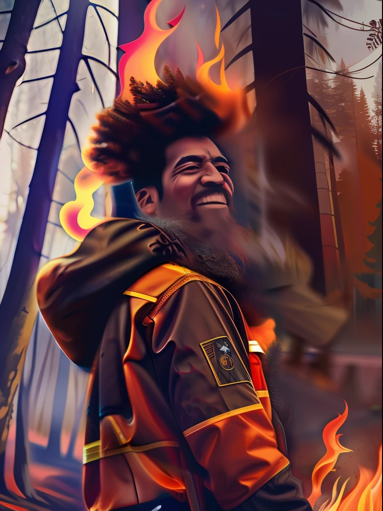 A person with strong determined attitude, forest fire background, close-up shot, realistic.