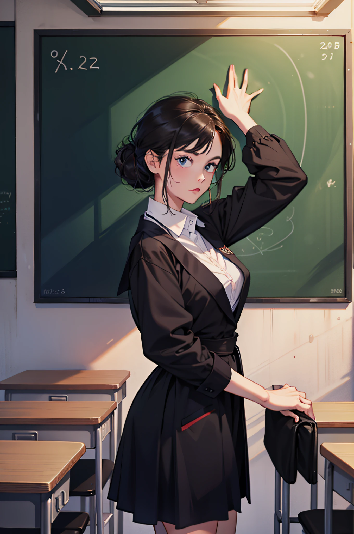 The teacher stands in the classroom and lectures on the blackboard