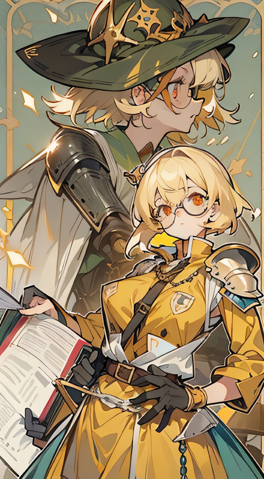 （Marco）、（margins）（first name）,Perfect ,don quixote \(limbus company\, Naked、Blonde hair, a beauty girl、eye glasses、middlebreasts、Short hair, hair between eye, Orange Eyes、the chest is perfectly visible、pierced nipple、Chain scientist hat from the nipple、Basketball Hand、armor、`She has a book and a sword、(Bachelor's degree in Medieval Europe )､Cowboy style、hiqcgbody