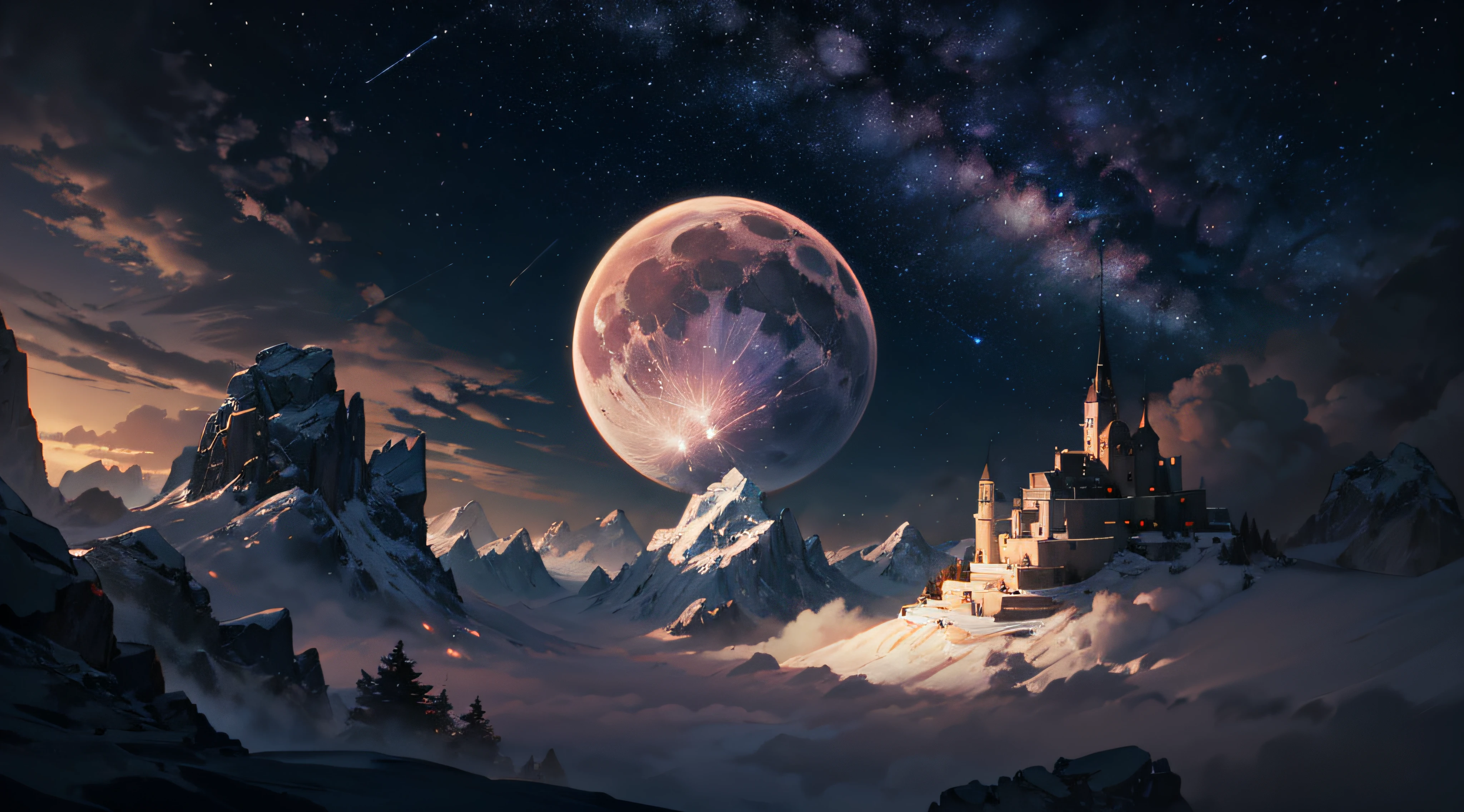 Expansive landscape photograph，（moon full：1.2），（meteors：0.9），（Starcloud：1.3），（Warm light source：1.2），（glowworm：1.2），lamp lights，Lots of purple and orange，Complicated details，Volumetriclighting，Realism BREAK（tmasterpiece：1.2），（best qualtiy），8K，Ultra-detailed，（dynamic compositions：1.4），The is very detailed，Colorful details，（Irridescent color：1.2），（luminouslighting，Atmospheric lighting），dream magical，magical，（独奏：1.2），（（best qualtiy））， （（tmasterpiece））， （the detail：1.4），depth of fields，maximum definition and sharpness，perfectly proportions，Fluttering clouds，Wallpapers