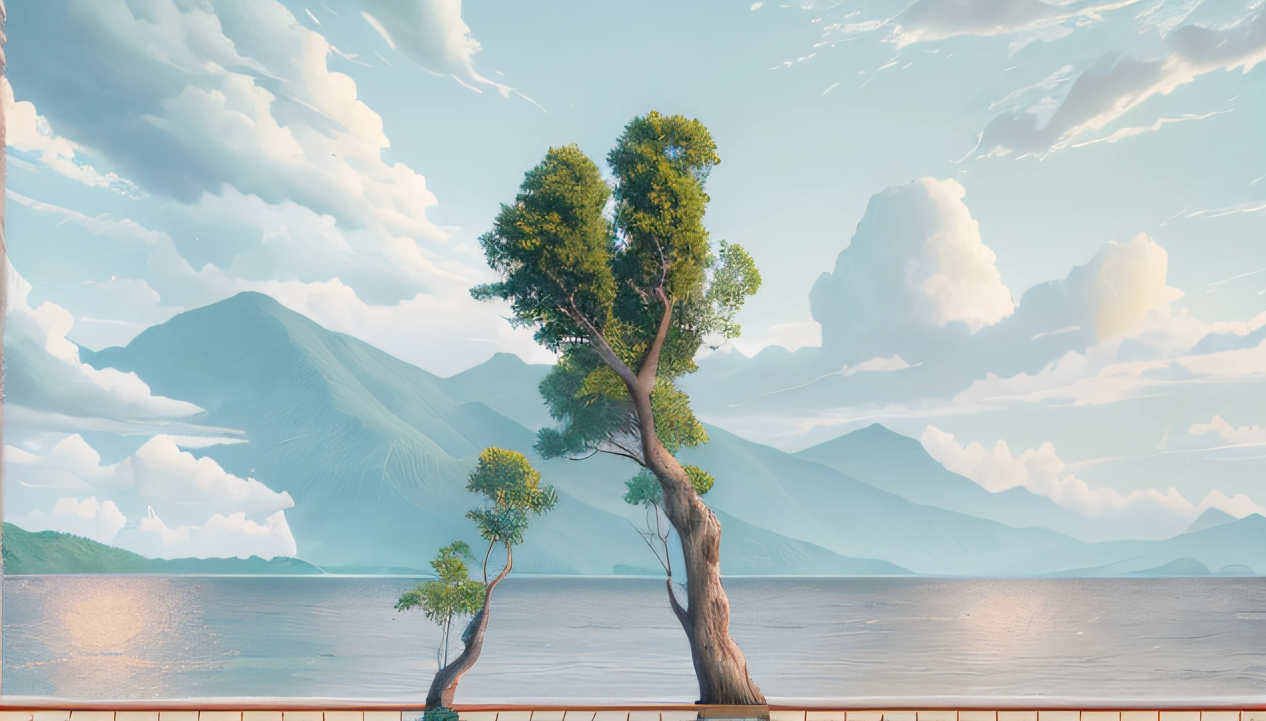 Draw two trees on the pier,The background is the sea, green trees. Matte painting, beautiful landscape rendering, optimistic matte painting, magic realism matte painting, photorealistic landscapes, organic matte painting, Illustration matte painting, landscape artwork, symmetric matte painting, inspired by Vladimir Kush, 3d rendered matte painting, hyperrealistic landscape, Surrealism 8k