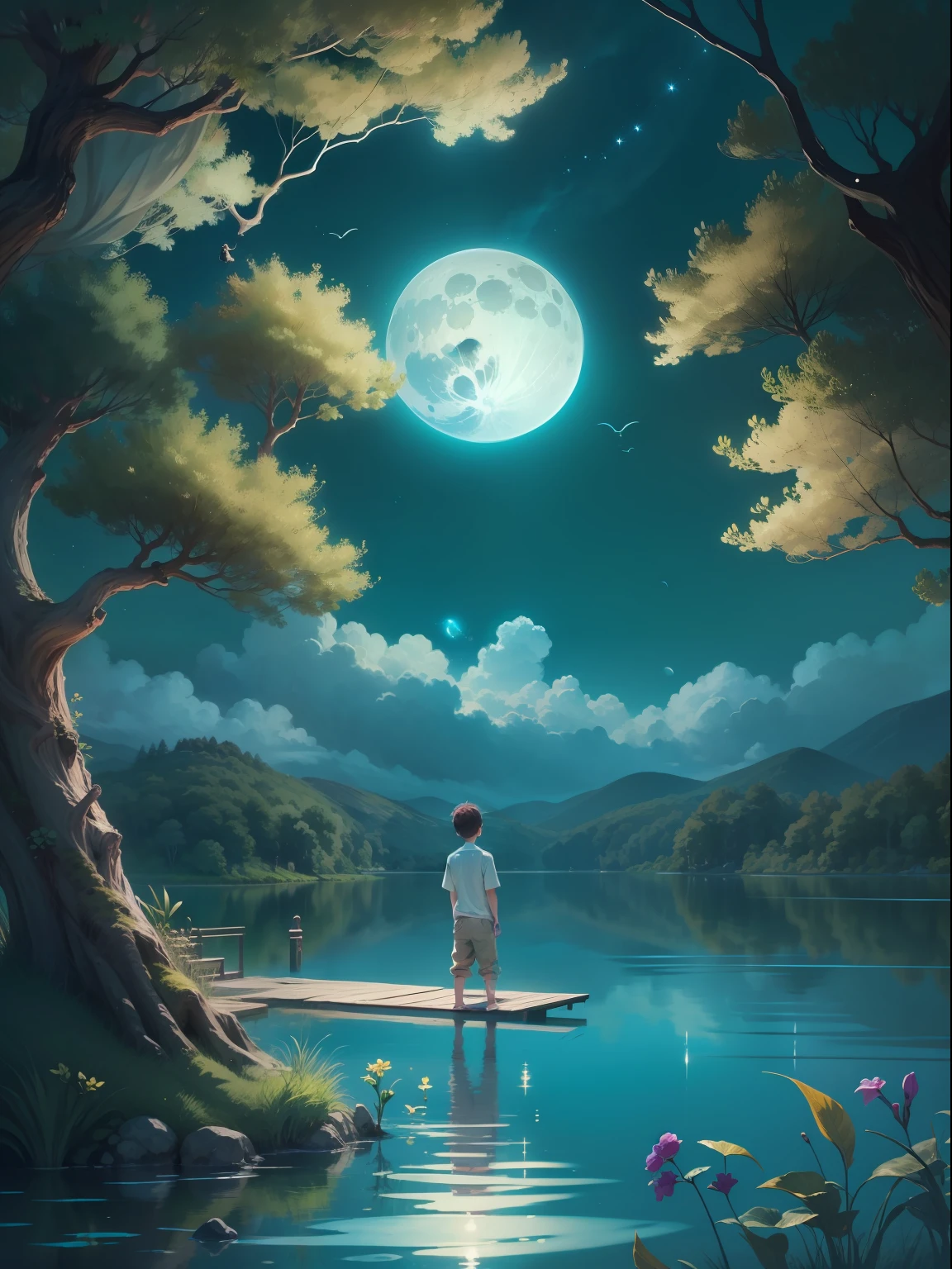 Beautiful lake、angelicales、Cute boy looking up at beautiful big full moon、Fantastical、mystical