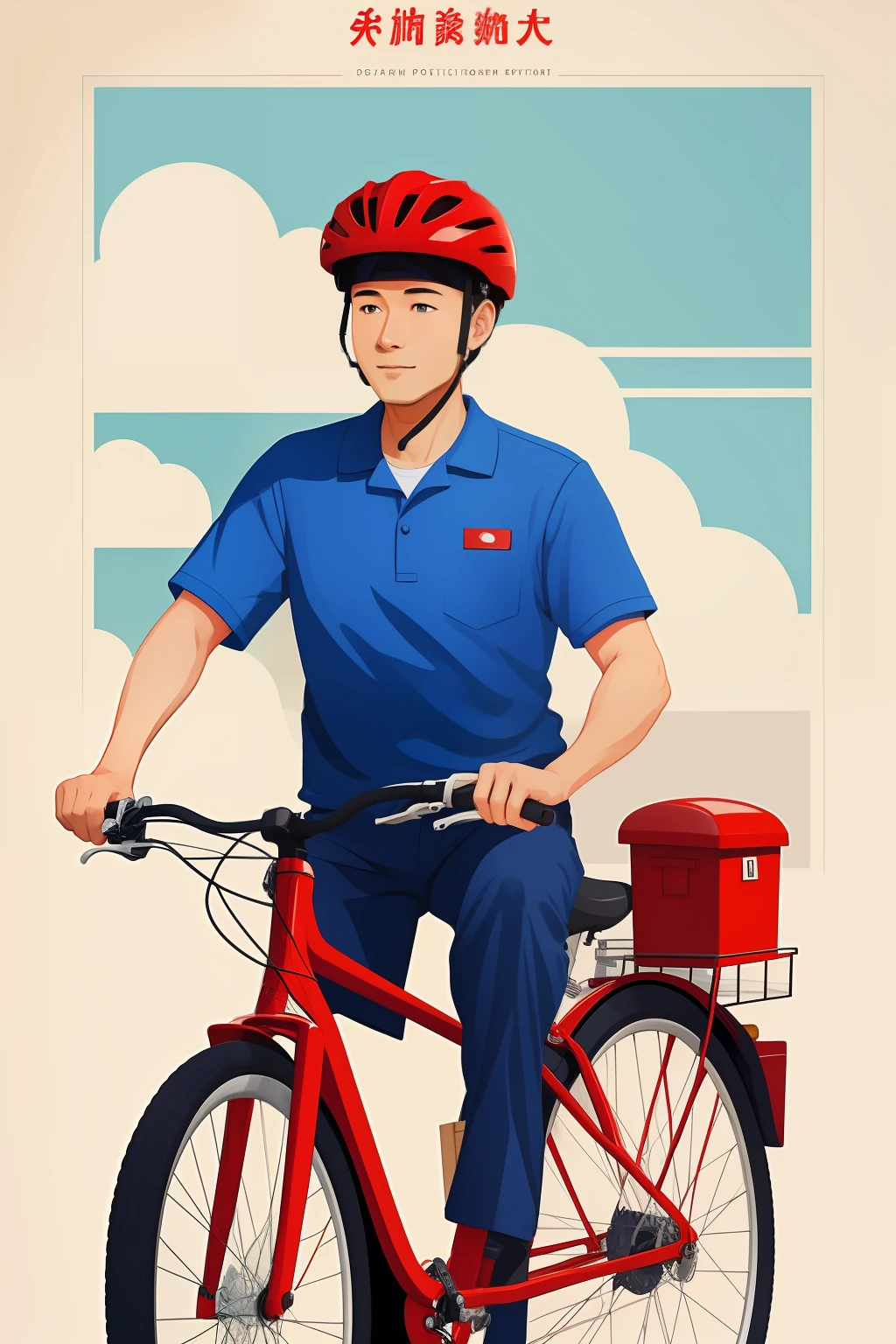Illustrations like picture books、Postman、Postal worker、No background、One Man、Red Bicycle、Wearing a white helmet、Blue shirt