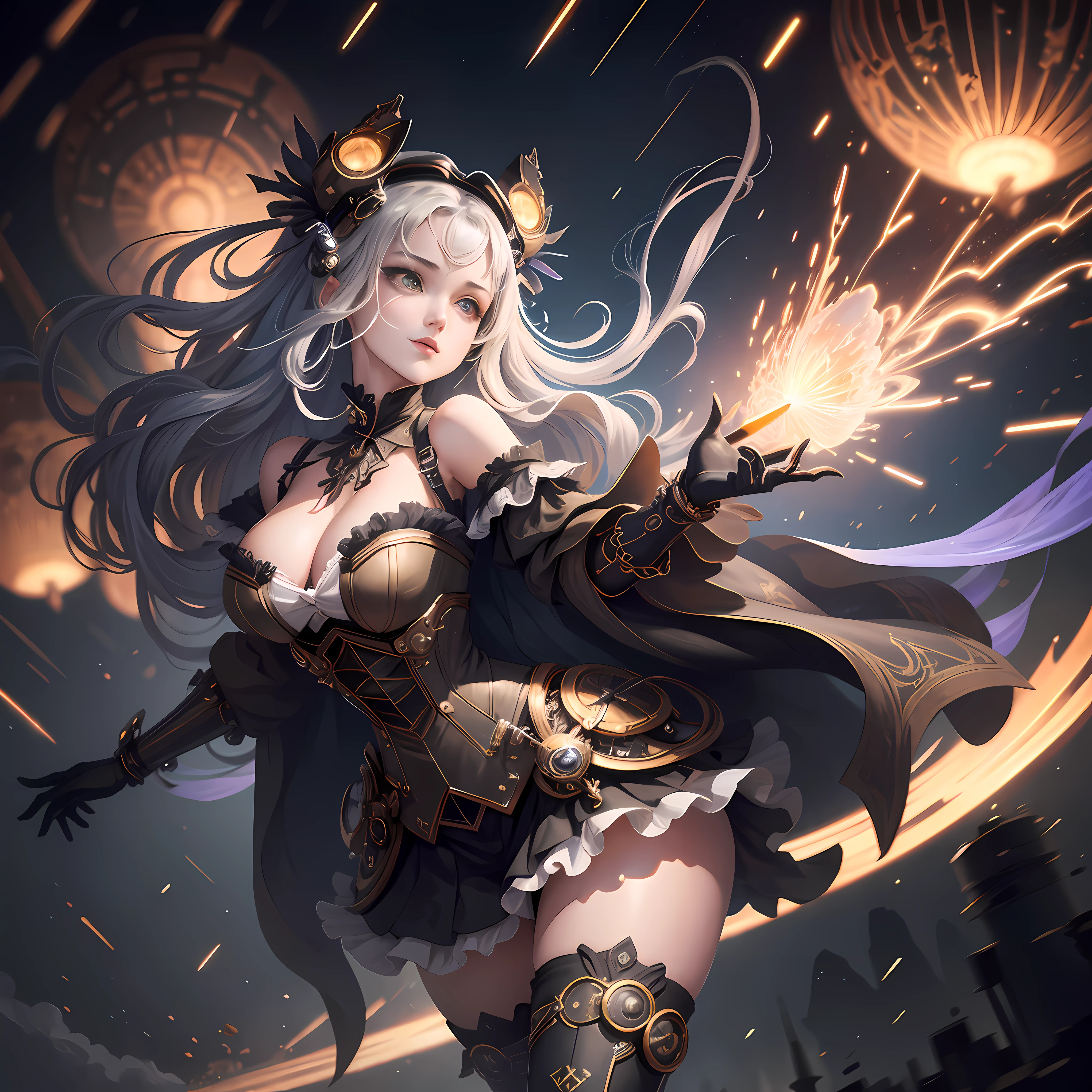 ((Best Quality)), (Masterpiece)), (Details:1.4), 3D, Android Girl, Mechanical Body, Skeleton Skin, Off-the-Shoulder Fashion That Fuses Detailed and Intricate Steampunk and Detailed Gothic Lolita, Has a Very Large Mechanical Weapon, Countless Glowing Large Spheres Flying Around Spinning, Lots of Sparks Crossing and Splashing, Magic-invoking poses, dynamic action poses, spinning and flying celestial bodies, countless neon lights raining down from the heavens, very thin long legs, over-the-knee mechanical boots, intricate steampunk headgear, fluttering lace flared miniskirts, off-the-shoulder fashion by fusing futuristic cyborgs with detailed and intricate steampunk and detailed gothic lolita, Beautiful little breasts pointing upwards, clean long silver hair, long vertical curly, wind driven, futuristic complex steampunk factory background, cinematic lighting, HDR (High Dynamic Range), ray tracing, NVIDIA RTX, super resolution, Unreal 5, subsurface scattering, PBR texturing, post-processing, anisotropic filtering, depth of field, Maximum clarity and sharpness, multi-layer textures, albedo and specular maps, surface shading, accurate simulation light material interaction, perfect proportions, octane rendering, two-tone lighting, wide aperture, low ISO, white balance, rule of thirds, 8K RAW,