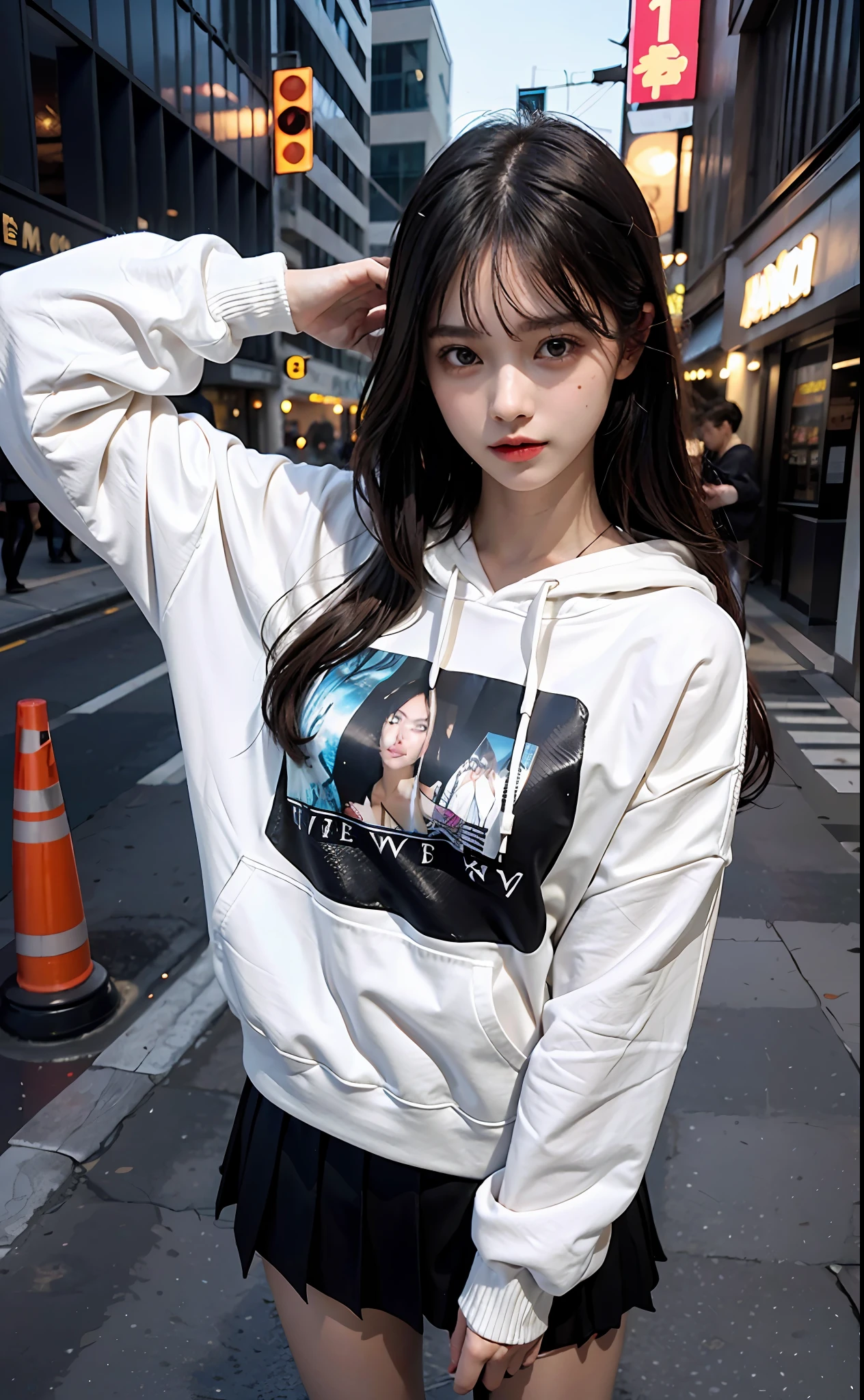 best qualtiy,tmasterpiece,超高分辨率,RAW photogr,Beautiful and beautiful,deep shading,dark themes,(realisticlying:1.4),
1girll, lacepantyhose, White pleated skirt, hoody, slim toned body, suits,
Elegant composure,Evocative atmosphere,The presence of magnetism,refined seduction,captivating mystique,
Intricate zentangle patterns,A single female figure,astonishinglevelofdetail,A gift for generosity,portrait composition,Striking perspective,A masterpiece of chaos,Elegantly composed,inspired by brutalist architecture,vibrant paint palette,Background,Larisa Manoban,,She is seen wearing streetwear pieces, lofi girl aesthetic, Surrealism female students, Cute face,eye detailed,Delicate eyes,Realistis,hyper realisitc,vivaciousness,sexyposture,Urban streetscape,the city street,Blue,Sweatshirt,Sweet expression,cuteexpression,Full of love,sexyposture,Raised sexy,Super sexy