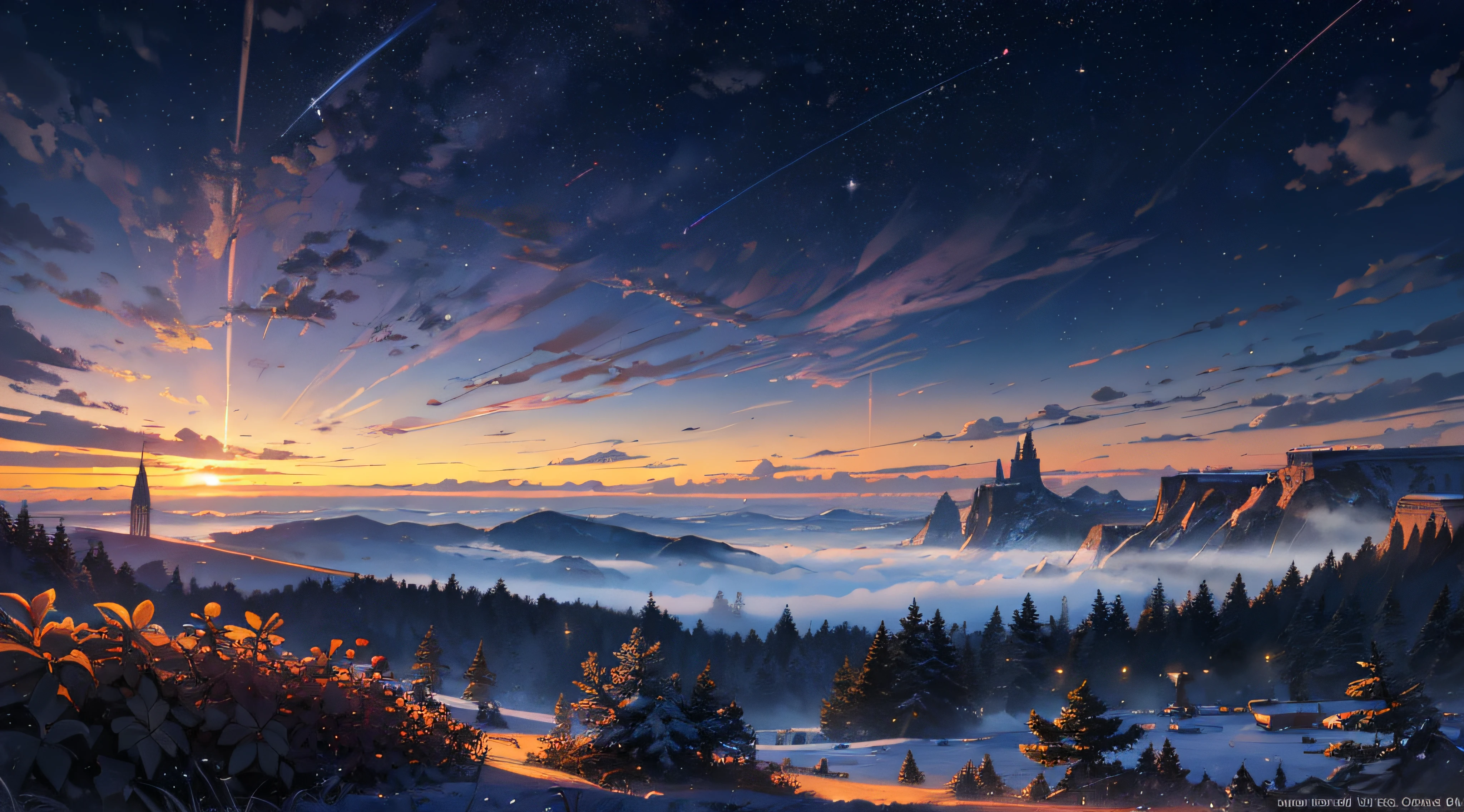 Expansive landscape photograph，（moon full：1.2），（meteors：0.9），（Starcloud：1.3），（Warm light source：1.2），（glowworm：1.2），lamp lights，Lots of purple and orange，Complicated details，Volumetriclighting，Realism BREAK（tmasterpiece：1.2），（best qualtiy），8K，Ultra-detailed，（dynamic compositions：1.4），The is very detailed，Colorful details，（Irridescent color：1.2），（luminouslighting，Atmospheric lighting），dream magical，magical，（独奏：1.2），（（best qualtiy））， （（tmasterpiece））， （the detail：1.4），depth of fields，maximum definition and sharpness，perfectly proportions，Fluttering clouds，Wallpapers