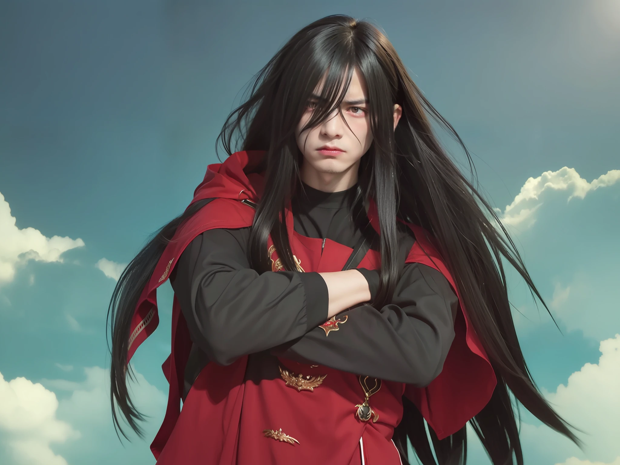 1boy,long spike hair,black hair,hair over one eye,no emotion, serious,angry face,line on face,real men,black clothes,long sleeve,red iron armor,cross arm,black glove,cracked face,looking at viewer,side body,men face,male focus, realistic, more details, 70 mm lens