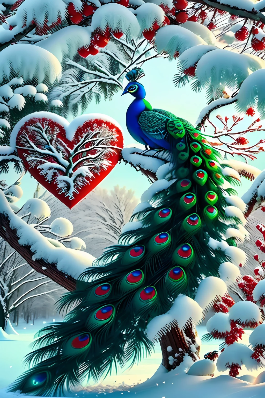 beautiful rime and snow scenery, couple of (red peacock) and (green peacock), full characters, side by side standing in branches, rime-like tails into the love heart shape, the earth is white, view from below,