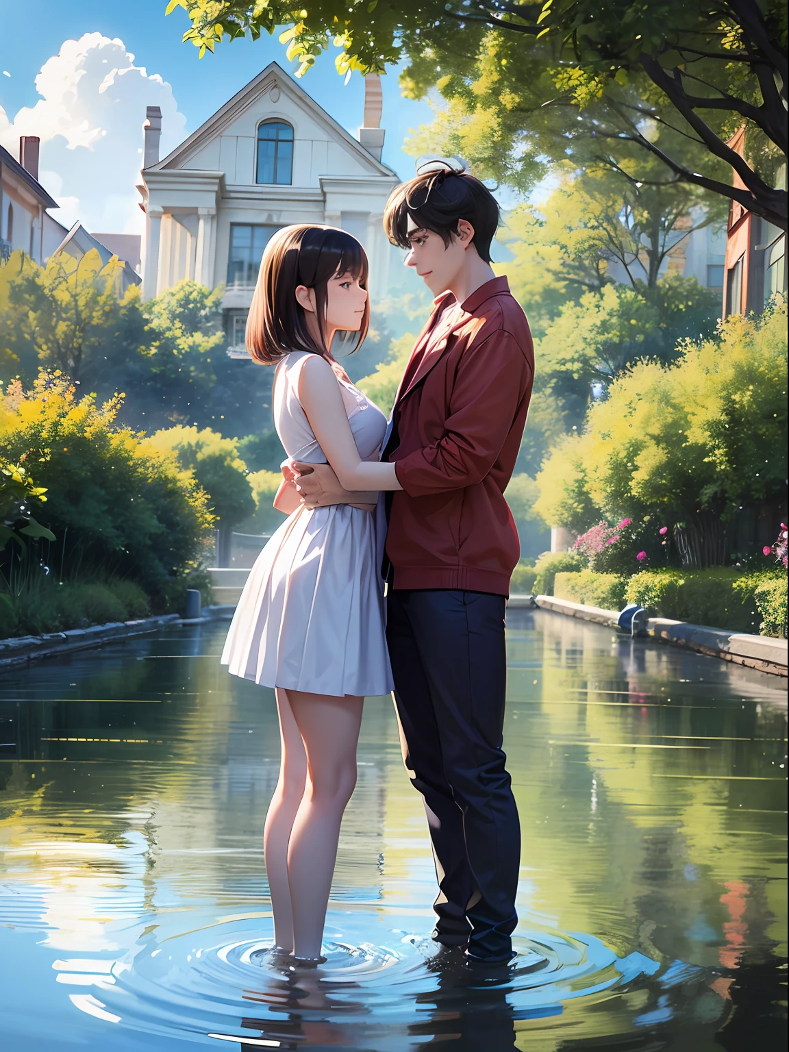 a female and a male, from a distance while in a beautiful garden, standing looking at each other poddle of water reflectiing these two people, reflecting, a rainbow is on the sky, polar opposites, symmetry, panorama, perspective, ray tracing, reflection light, depth of field, close-up, masterpiece, best quality, high details, high quality, textured skin, ccurate, UHD, HD
