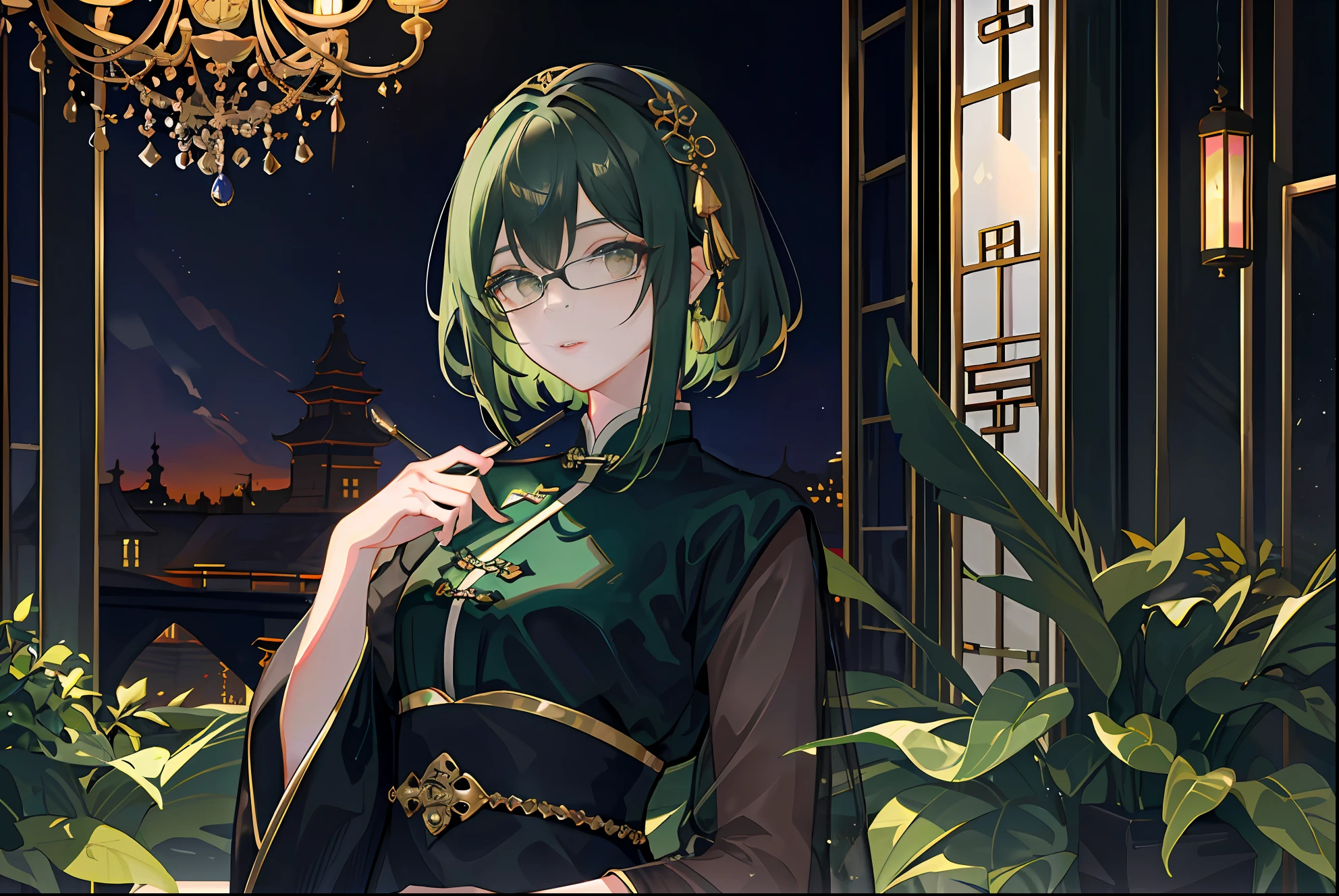 (Masterpiece, side-lighting, Ultra-detailed, fine detailed beautiful eyes: 1.2), 1girll，nightcity，Sateen，Dark green hair，short detailed hair，Black eyes，Chinese outfit，eye glass,Indifferent expression，