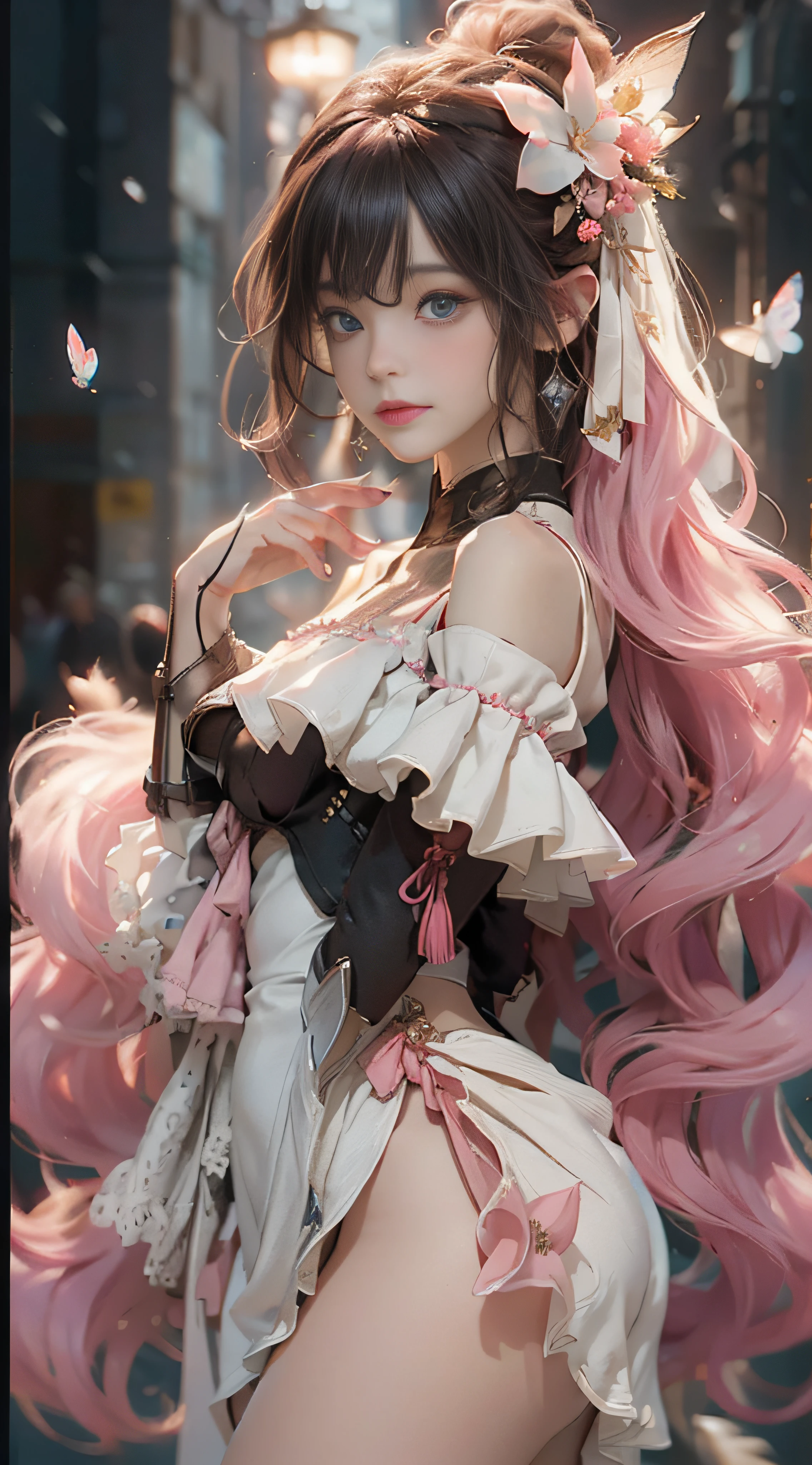 ((best qualtiy)), ((tmasterpiece)), (detail:1.4), Beautiful cyberpunk female images,hdr(HighDynamicRange),Ray traching,NVIDIA RTX,Hyper-Resolution,illusory 5,sub surface scattering,PBR textures,post-proces,Anisotropy Filtering,depth of fields,maximum definition and sharpness,Many-Layer Textures,Albedo e mapas Speculares,Surface coloring,Mitsu-Accurate simulation of material interactions,perfectly proportioned,rendering by octane,Two-colored light,largeaperture,Low ISO,White balance,Rule three points、8K raw data、Beautiful bright blue pupils,off-the-shoulder clothes,Fine pupils,Delicate face and eyes,long eyelasher,Blushlush,Delicate and fluffy hair,pink lip,Pure,Cute face,Sweet girl,Artistic sense,Casual wear,Advancedsense,butterflys,Cherry blossom petal,Beautiful hair accessories,Long hair and waist,Hair fluttering in the wind,Snow-white fox ears,curlies,Snow-white fluffy tail,Positive light,The light from the back window is backlighted
