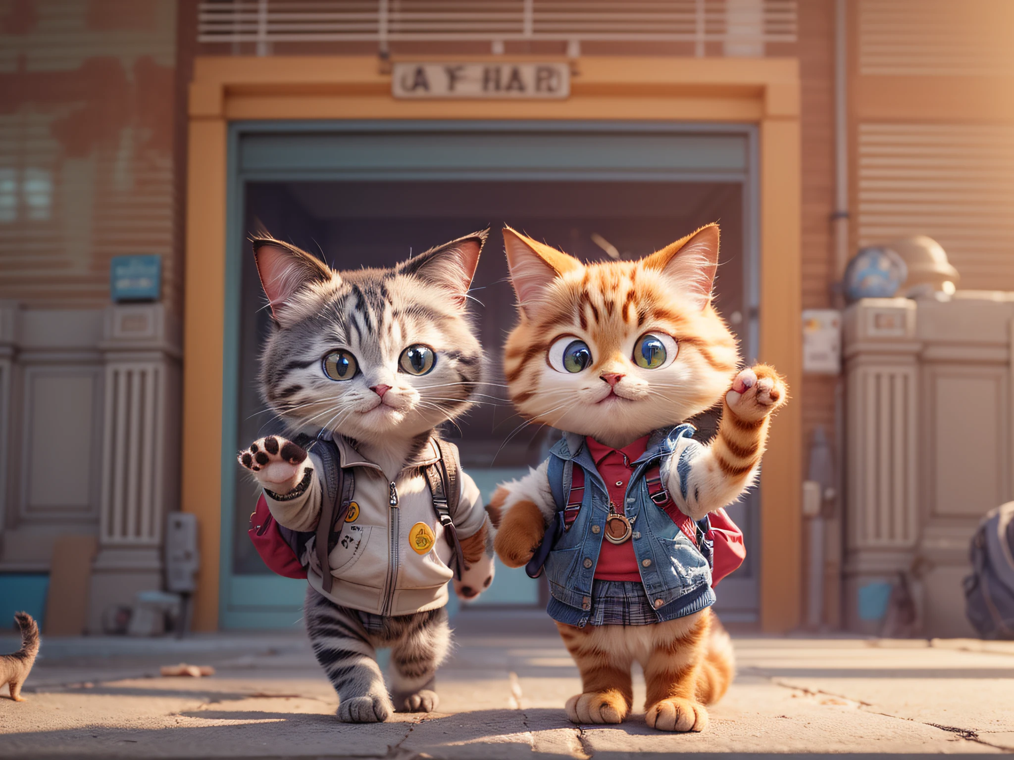 Wearing an uniform, 2 cats with backpacks. Cute cute cat waving and smiling, Anthropomorphic cats, unreal-engine, Cozy interior lighting, Art Station, detailed digital painting, Cinematics, Mark Lyden and Pixar, Unreal 5, Hyper-realistic,