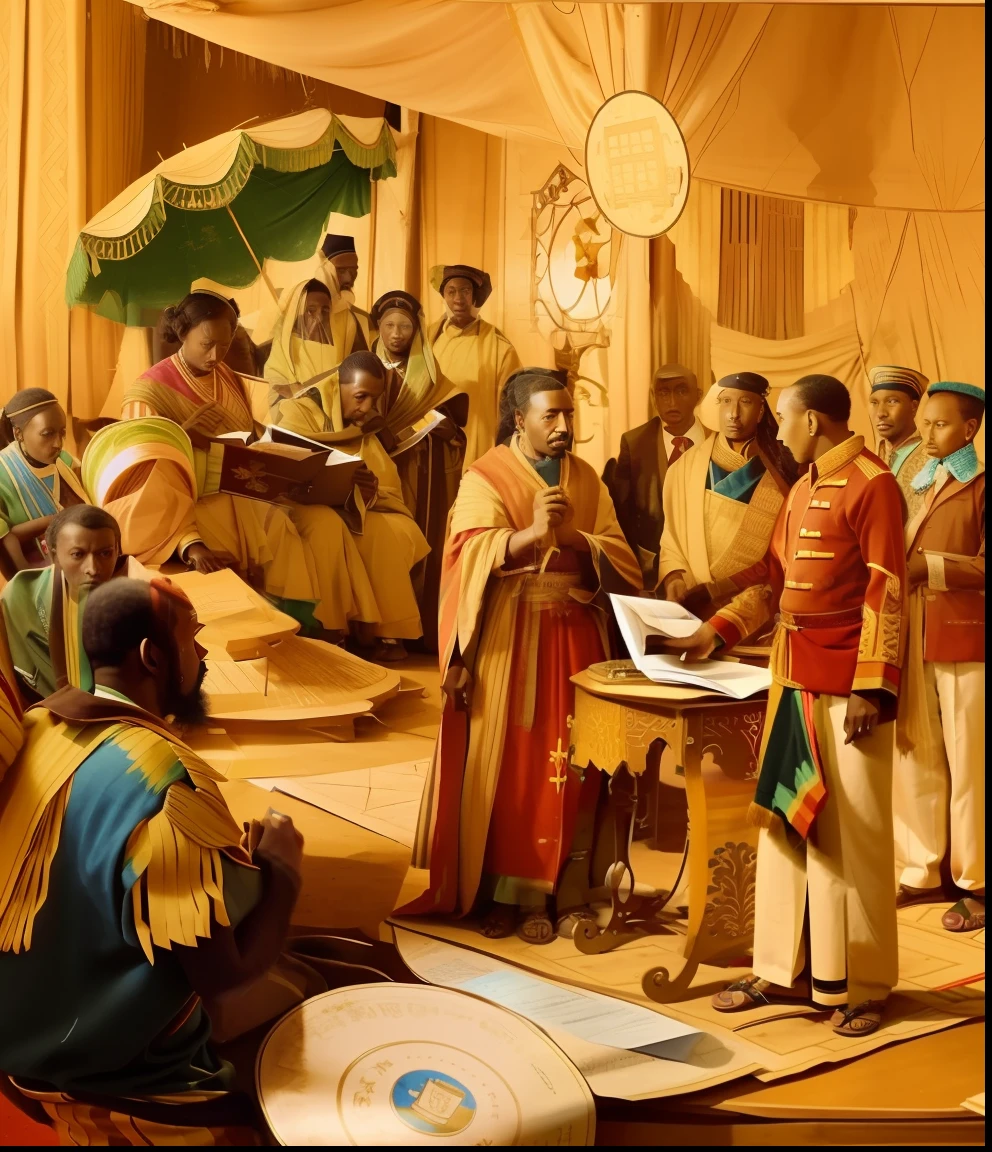 arafed group of people standing around a table, signing a paper, palatial scene, photo from a spectator, historical image, rendering of beauty pageant, treaty of wuchale, Ethiopian empire