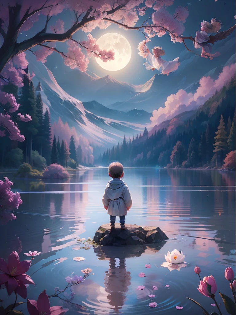 Beautiful lake、angelicales、Cute little boy looking up at beautiful big full moon、Fantastical、Mystical