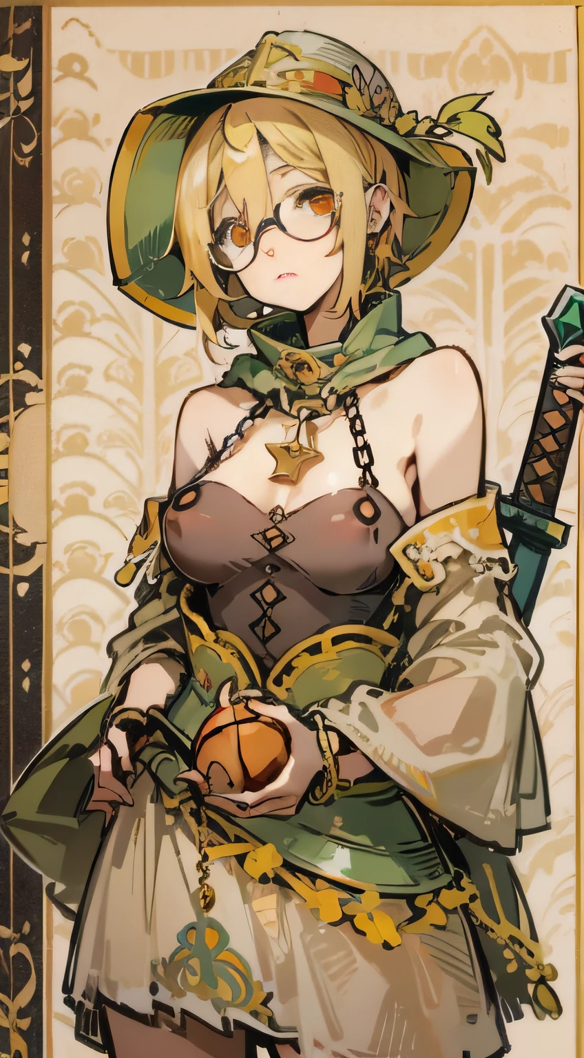 (Marco),Perfect ,don quixote \(limbus company\, Naked、Blonde hair, a beauty girl、eye glasses、middlebreasts、Short hair, hair between eye, Orange Eyes、the chest is perfectly visible、pierced nipple、Chain scientist hat from the nipple、Basketball Hand、armor、`She has a book and a sword、(Bachelor's degree in Medieval Europe )、Cowboy style、hiqcgbody