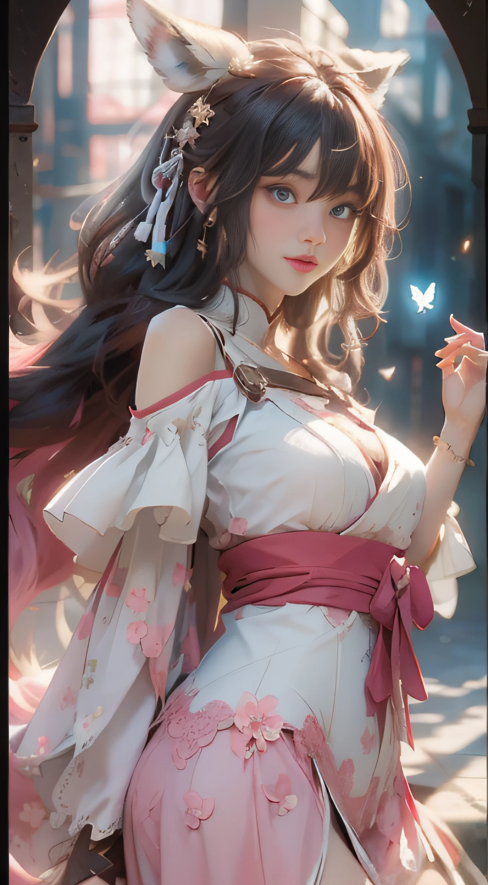 ((best qualtiy)), ((tmasterpiece)), (detail:1.4), Beautiful cyberpunk female images,hdr(HighDynamicRange),Ray traching,NVIDIA RTX,Hyper-Resolution,illusory 5,sub surface scattering,PBR textures,post-proces,Anisotropy Filtering,depth of fields,maximum definition and sharpness,Many-Layer Textures,Albedo e mapas Speculares,Surface coloring,Mitsu-Accurate simulation of material interactions,perfectly proportioned,rendering by octane,Two-colored light,largeaperture,Low ISO,White balance,Rule three points、8K raw data、Beautiful bright blue pupils,off-the-shoulder clothes,Fine pupils,Delicate face and eyes,long eyelasher,Blushlush,Delicate and fluffy hair,pink lip,Pure,Cute face,Sweet girl,Artistic sense,Casual wear,Advancedsense,butterflys,Cherry blossom petal,Beautiful hair accessories,Long hair and waist,Hair fluttering in the wind,Snow-white fox ears,curlies,Snow-white fluffy tail,Positive light,The light from the back window is backlighted