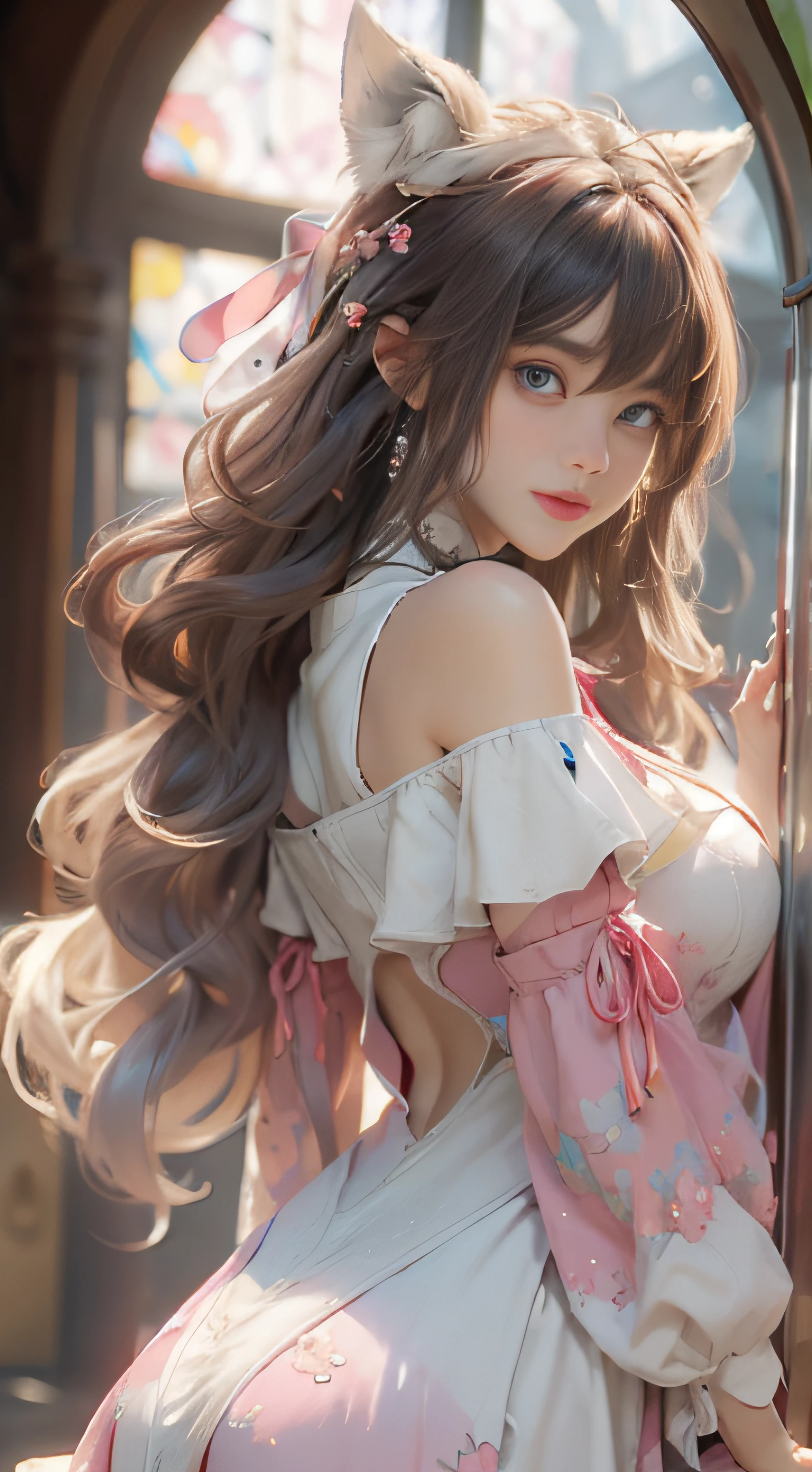 ((best qualtiy)), ((tmasterpiece)), (detail:1.4), Beautiful cyberpunk female images,hdr(HighDynamicRange),Ray traching,NVIDIA RTX,Hyper-Resolution,illusory 5,sub surface scattering,PBR textures,post-proces,Anisotropy Filtering,depth of fields,maximum definition and sharpness,Many-Layer Textures,Albedo e mapas Speculares,Surface coloring,Mitsu-Accurate simulation of material interactions,perfectly proportioned,rendering by octane,Two-colored light,largeaperture,Low ISO,White balance,Rule three points、8K raw data、Beautiful bright blue pupils,off-the-shoulder clothes,Fine pupils,Delicate face and eyes,long eyelasher,Blushlush,Delicate and fluffy hair,pink lip,Pure,Cute face,Sweet girl,Artistic sense,Casual wear,Advancedsense,butterflys,Cherry blossom petal,Beautiful hair accessories,Long hair and waist,Hair fluttering in the wind,Snow-white fox ears,curlies,Snow-white fluffy tail,Positive light,The light from the back window is backlighted