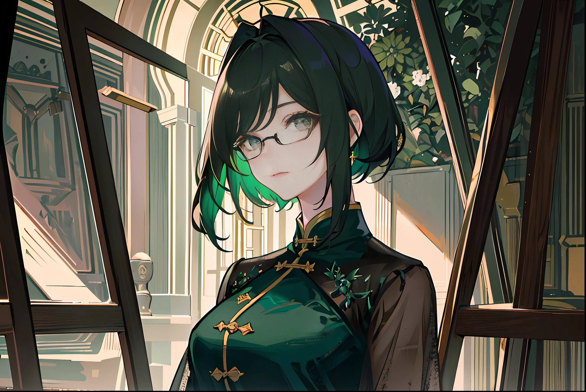 (Masterpiece, side-lighting, Ultra-detailed, fine detailed beautiful eyes: 1.2), 1girll,nightcity,Sateen,Dark green hair,short detailed hair,Black eyes,Chinese outfit,eye glass,Indifferent expression,
