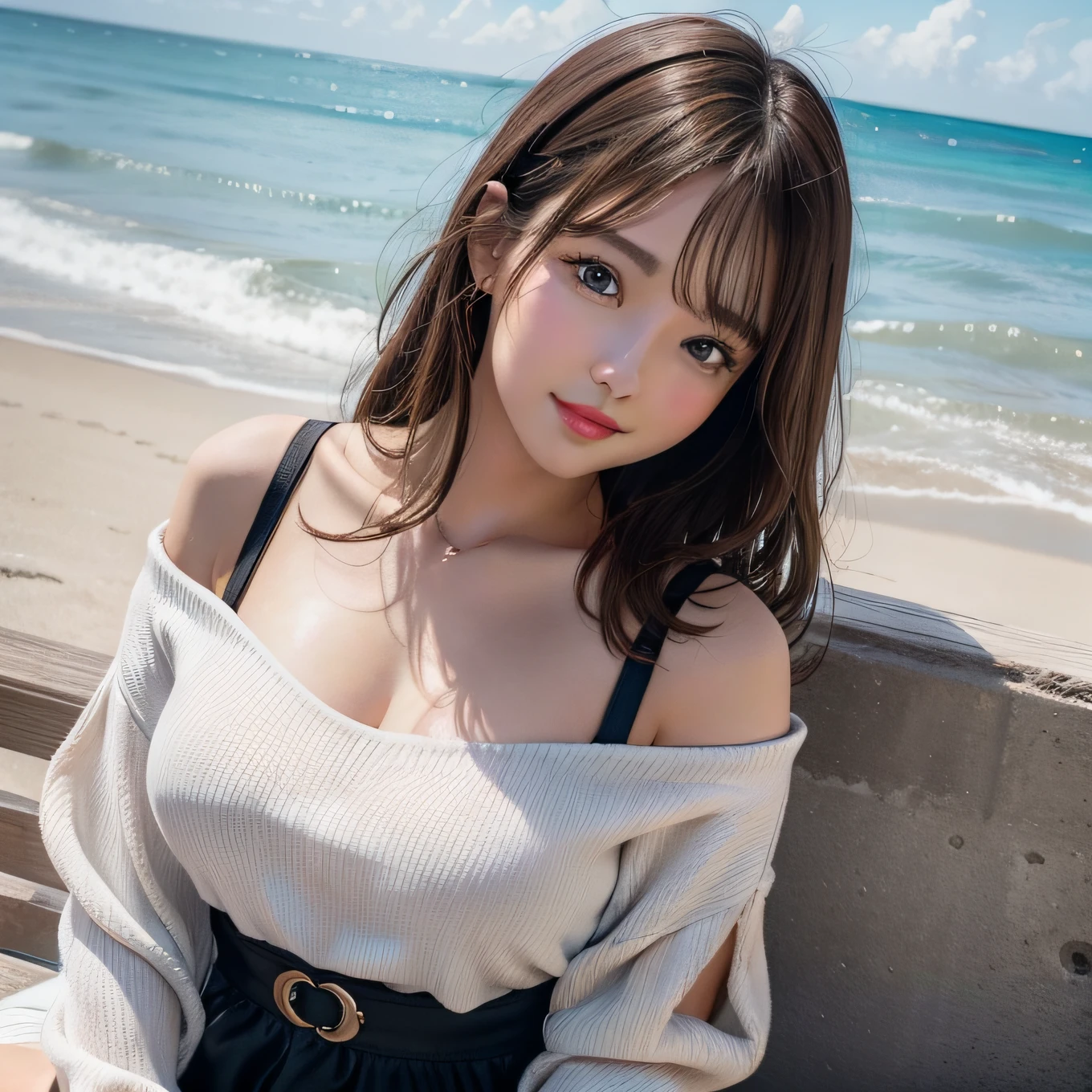 best quality, ultra high resolution, (photorealistic: 1.4), (detailed beautiful girl: 1.4), (medium breasts: 0.8), olhando_no_visualizador, detailed facial details, beautiful and detailed eyes, (brown hair), brown eyes, smile (makeup: 0.4), red lips, (full body, sitting, beach, high waves, ), very detailed clothes, (ulzzang-6500-v1. 1:0.3) \, cats, strong wind,