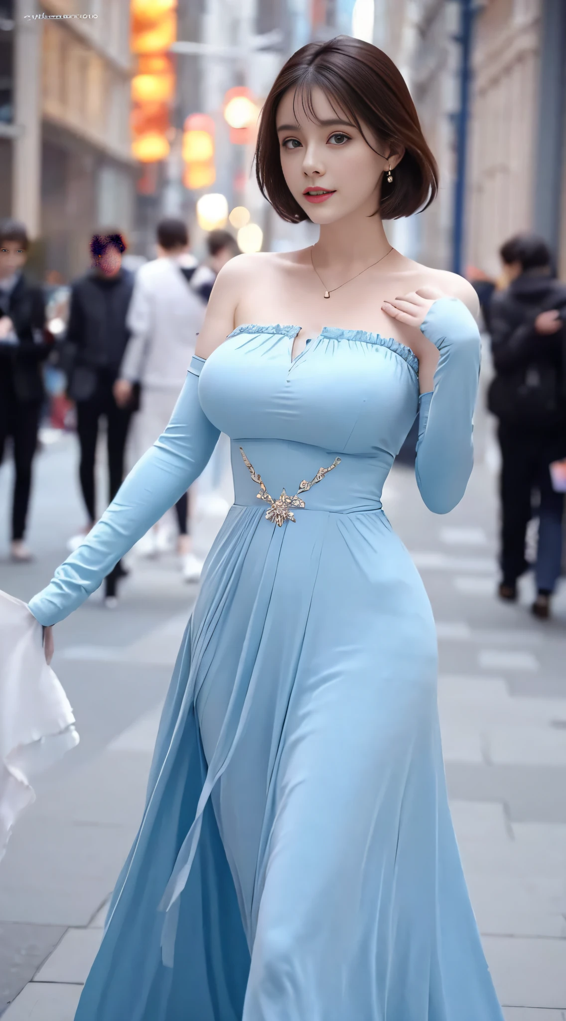 top Quority，Lots of detail，There is a woman in a random light dress posing for a photo，lunar themed attire，astral witch clothes，Fantasy costumes，Live girl cosplay，Beautiful celestial mage，inspired by Leng Mei，Bandeau dress，Popular on CGstation，celestial goddess，render of april，light blues，Fantastic medium portrait top light，light blue colored skin，amouranth，Fantasy dresses，Full body close-up