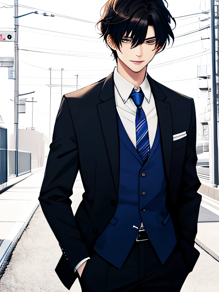 A young man similar to Haruma Miura, an actor in the Japan、Wearing a blue tie and black suit