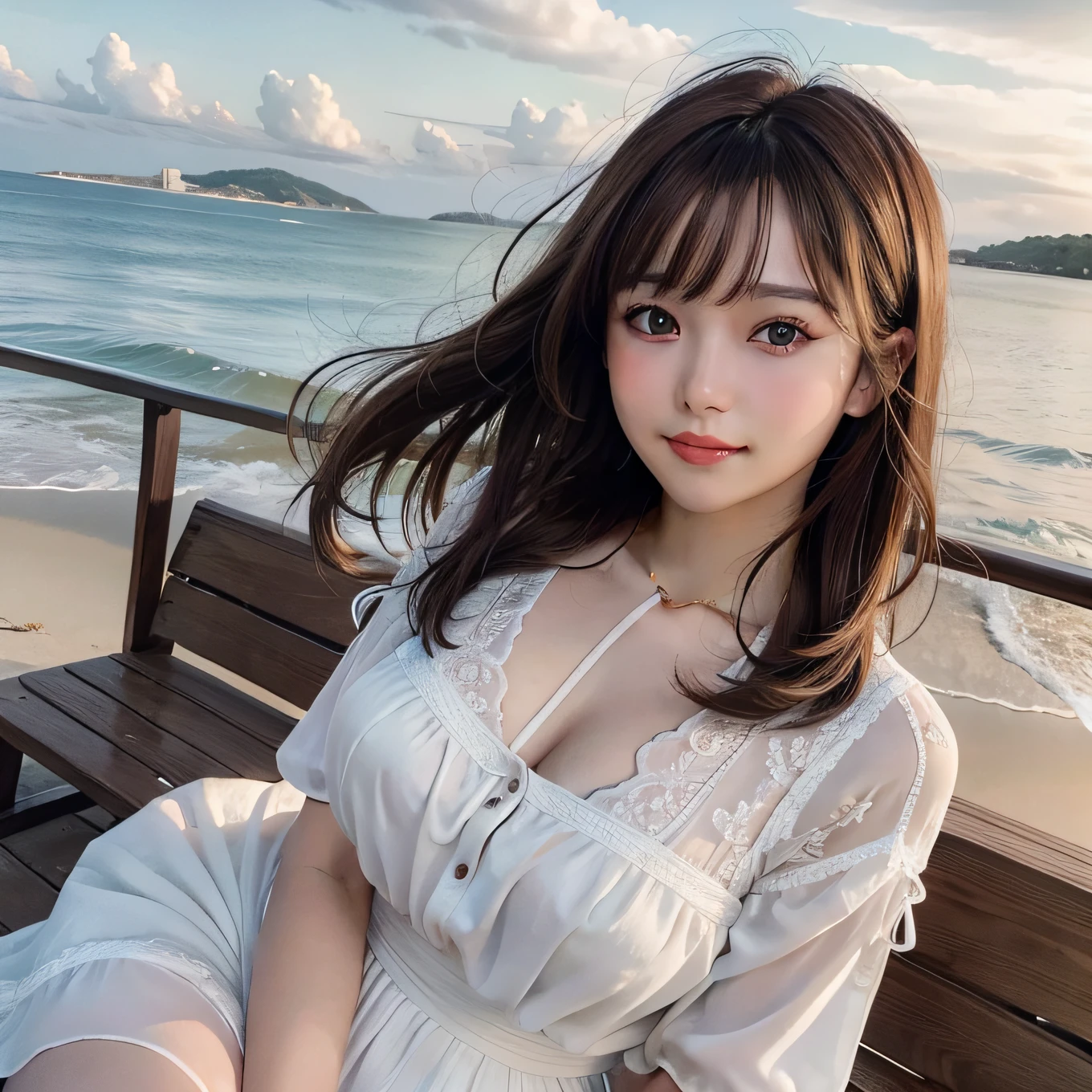 best quality, ultra high resolution, (photorealistic: 1.4), (detailed beautiful girl: 1.4), (medium breasts: 0.8), olhando_no_visualizador, detailed facial details, beautiful and detailed eyes, (brown hair), brown eyes, smile (makeup: 0.4), red lips, (full body, sitting, beach, high waves, ), very detailed clothes, (ulzzang-6500-v1. 1:0.3) \, cats, strong wind,